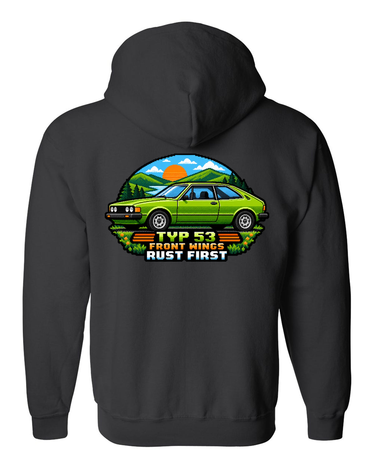 8/16-bit pixel art of a VW Scirocco Mk1 Typ 53 with front wings rust first text black zip hoodie back view with the design
