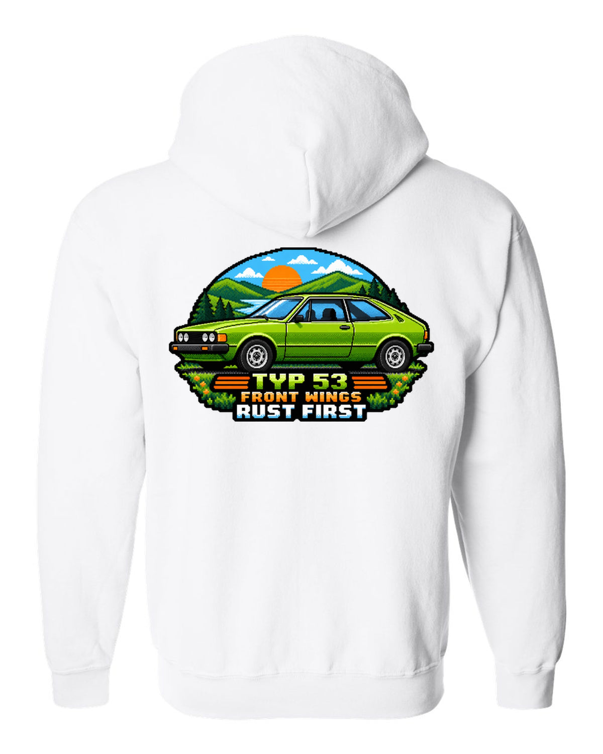 8/16-bit pixel art of a VW Scirocco Mk1 Typ 53 with front wings rust first text white zip hoodie back view with the design