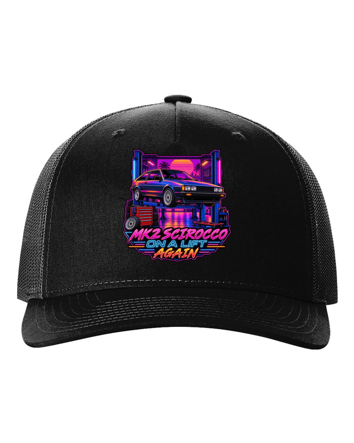 Synthwave outrun style VW Scirocco Mk2 with Mk2 Scirocco on a lift again text black hat front view with the design