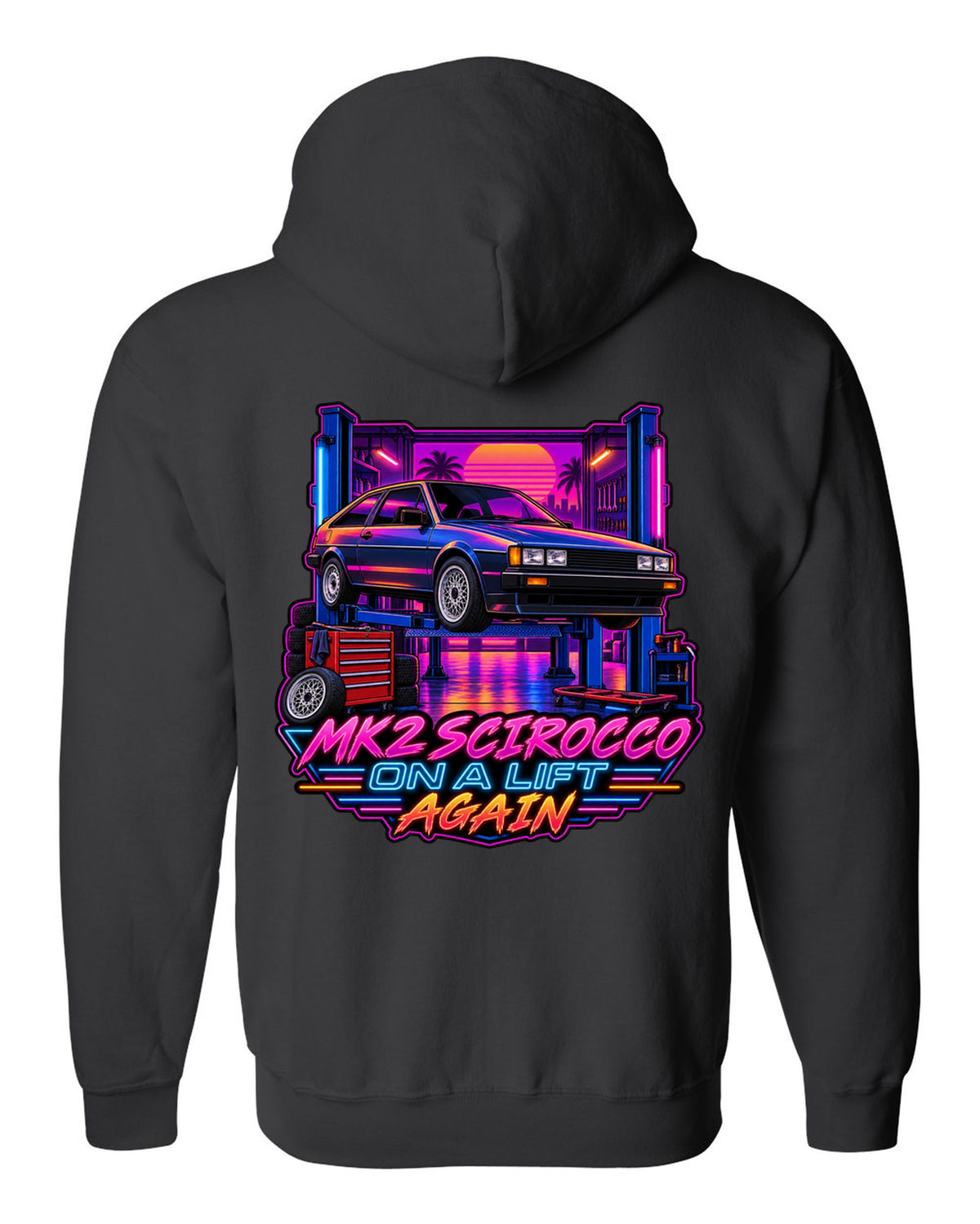 Synthwave outrun style VW Scirocco Mk2 with Mk2 Scirocco on a lift again text black zip hoodie back view with the design