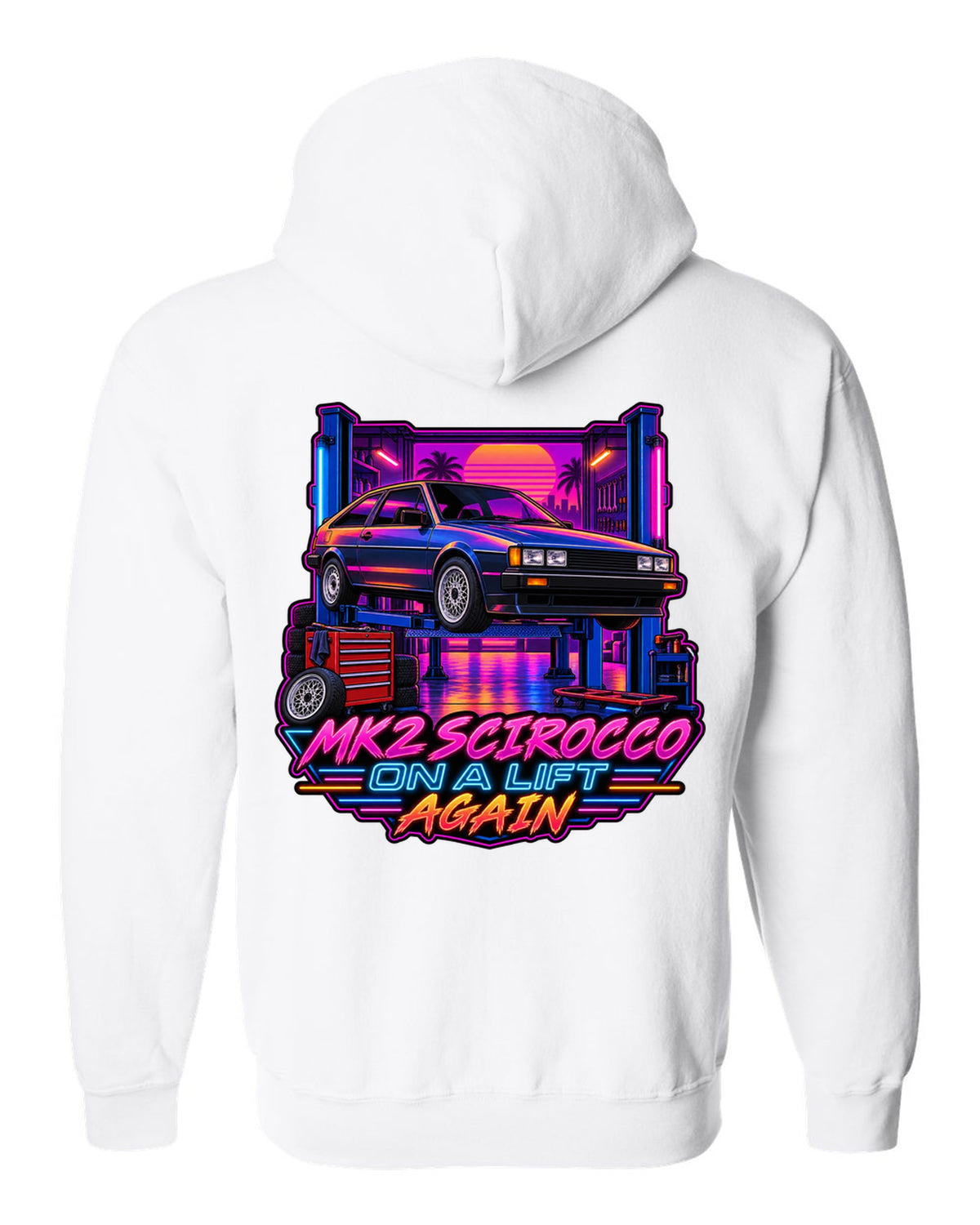 Synthwave outrun style VW Scirocco Mk2 with Mk2 Scirocco on a lift again text white zip hoodie back view with the design