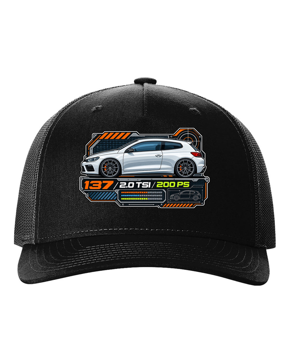 Spec-sheet data plate print of a VW Scirocco Mk3 with 137 2.0 TSI 200 PS text black hat front view with the design