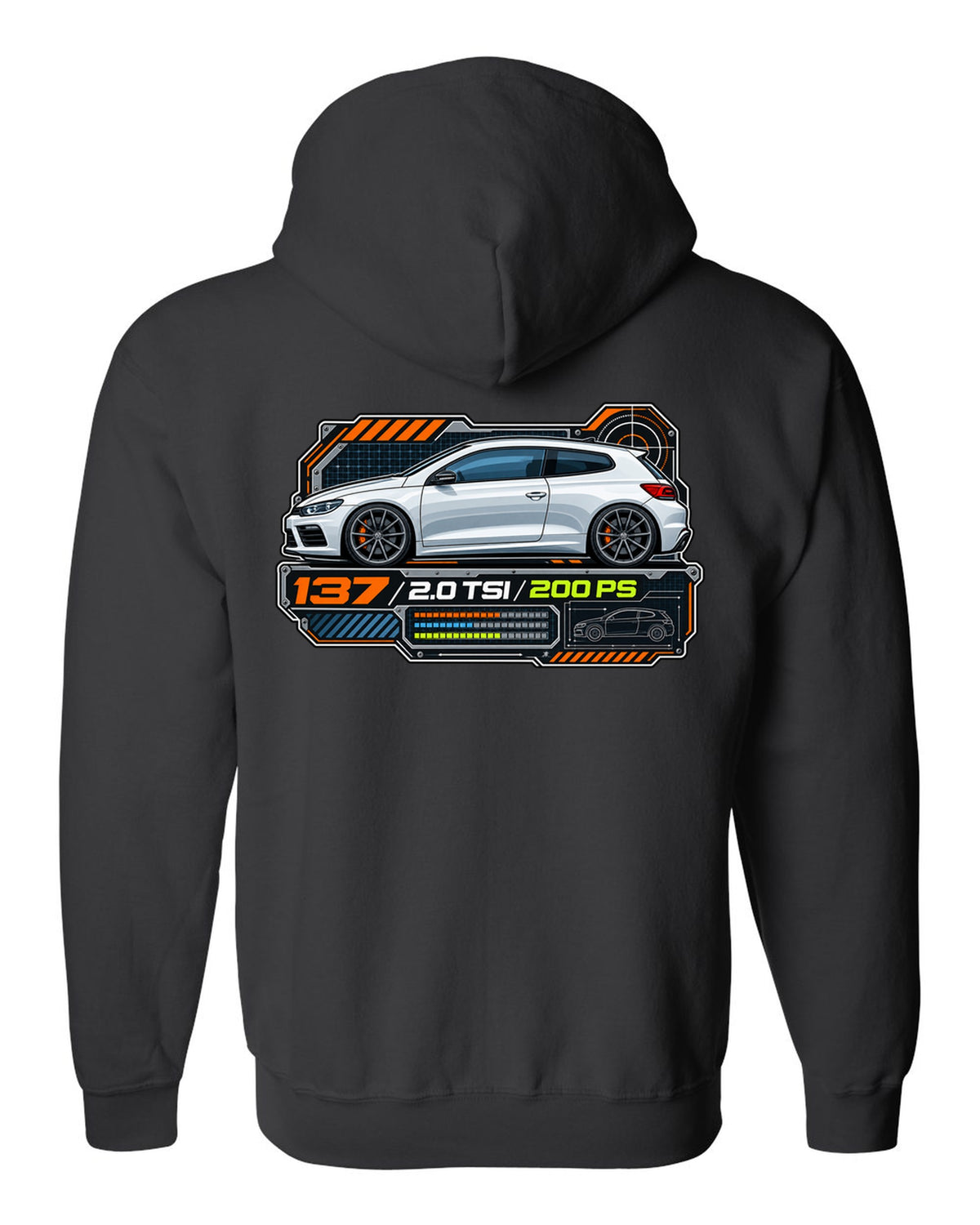 Spec-sheet data plate print of a VW Scirocco Mk3 with 137 2.0 TSI 200 PS text black zip hoodie back view with the design