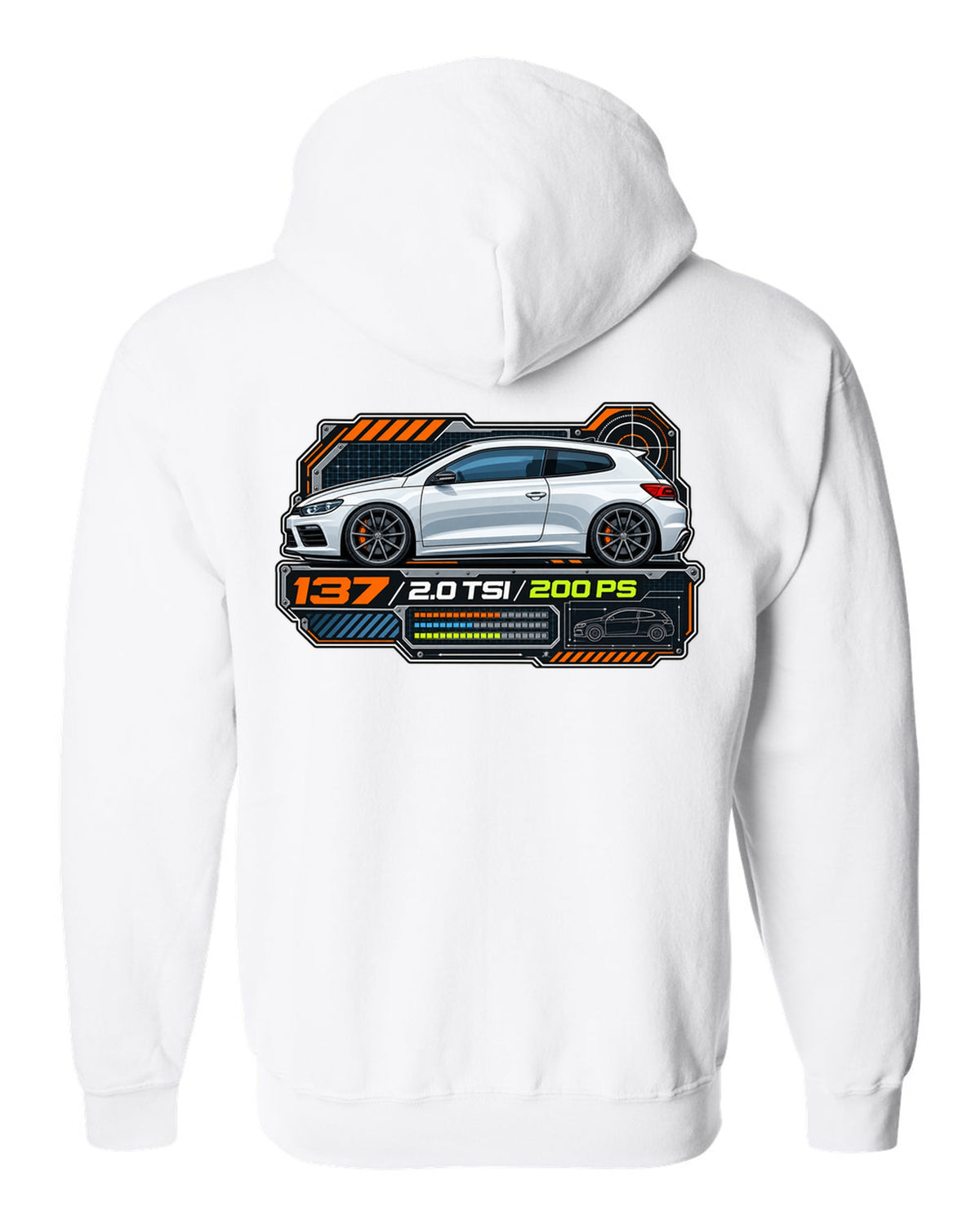 Spec-sheet data plate print of a VW Scirocco Mk3 with 137 2.0 TSI 200 PS text white zip hoodie back view with the design