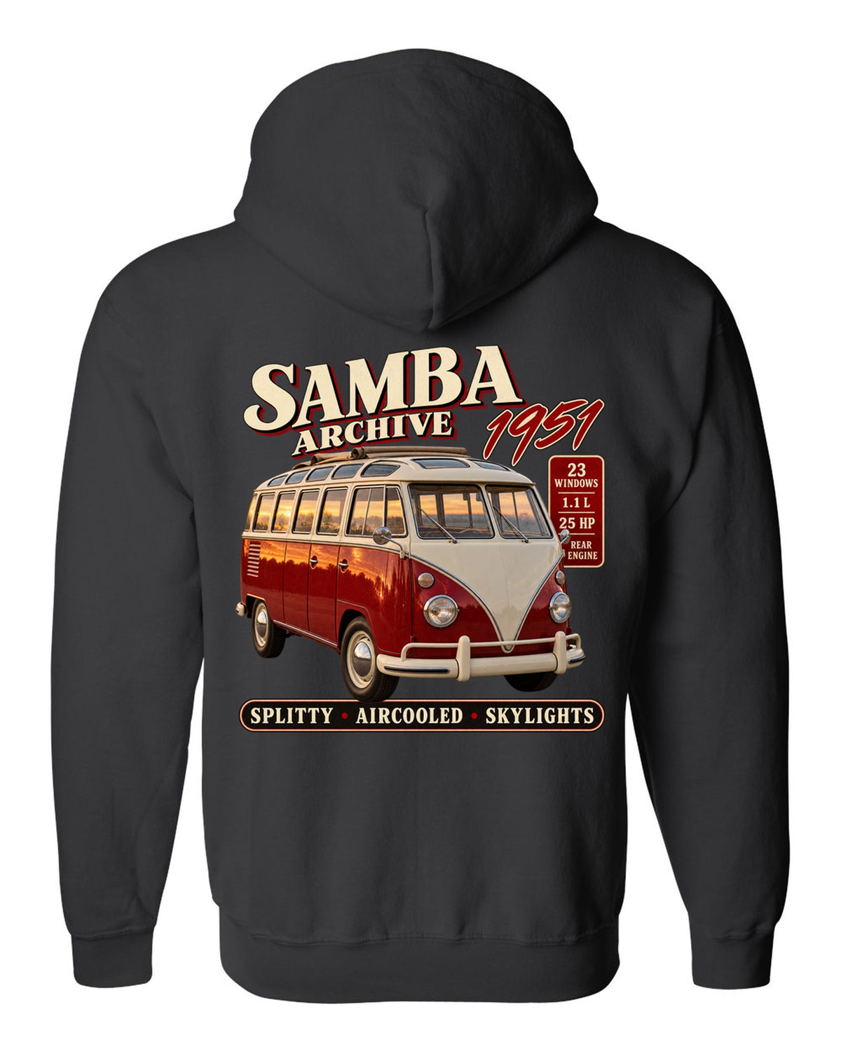 Archive panel print of a VW T1 Samba bus front three-quarter with 23 windows text black zip hoodie back view with the design