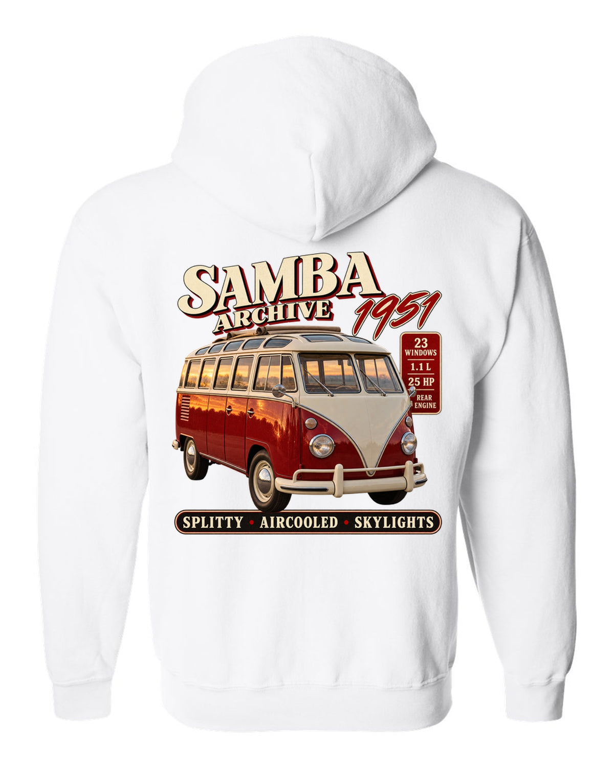 Archive panel print of a VW T1 Samba bus front three-quarter with 23 windows text white zip hoodie back view with the design