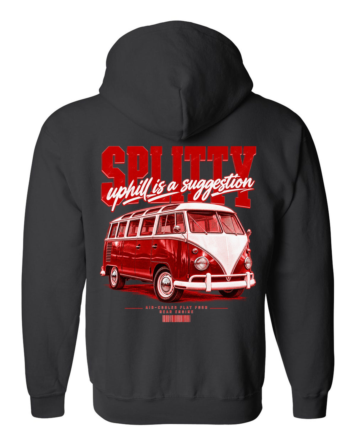 Street poster print of a 1963 VW T1 split-window bus with air-cooled flat-four text black zip hoodie back view with the design