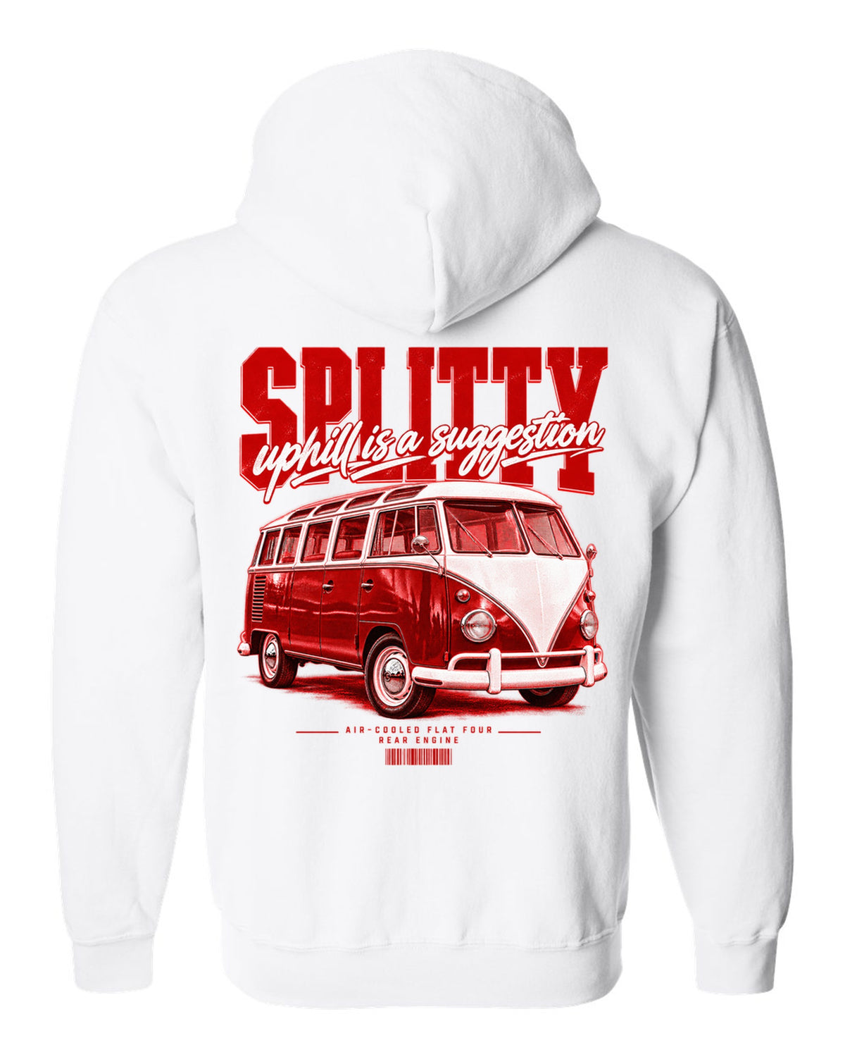 Street poster print of a 1963 VW T1 split-window bus with air-cooled flat-four text white zip hoodie back view with the design