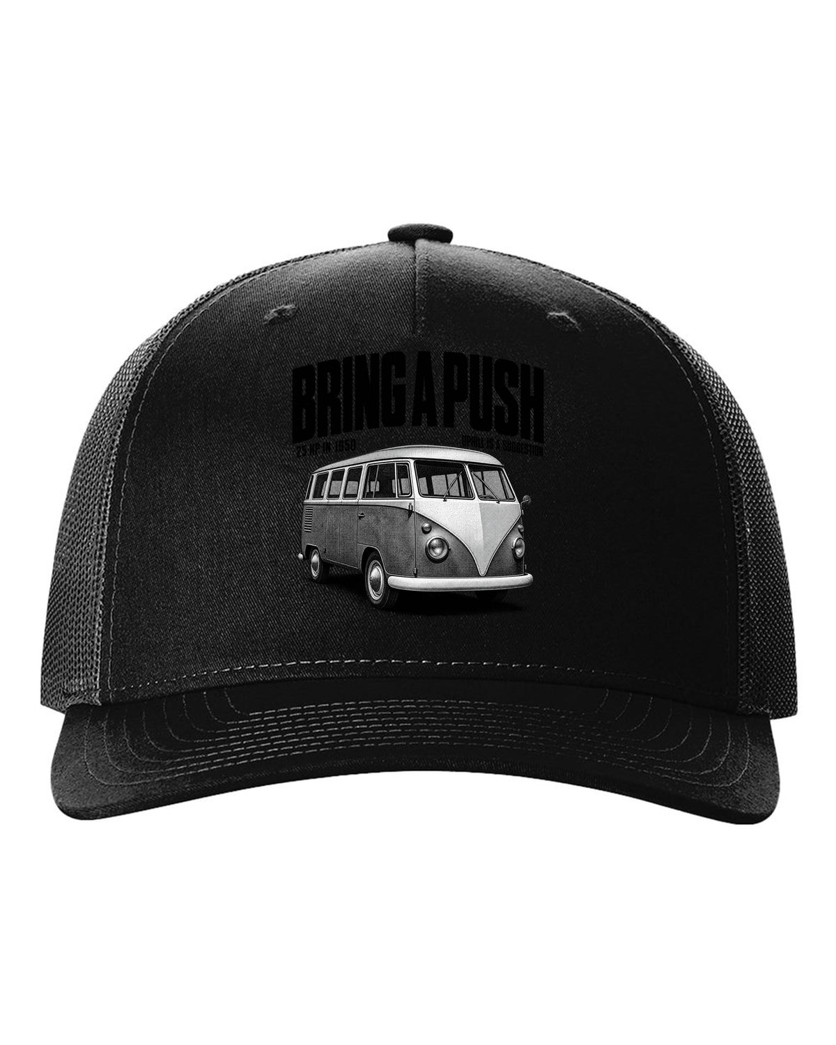 Halftone print of a VW T1 split-window microbus with bring a push text black hat front view with the design