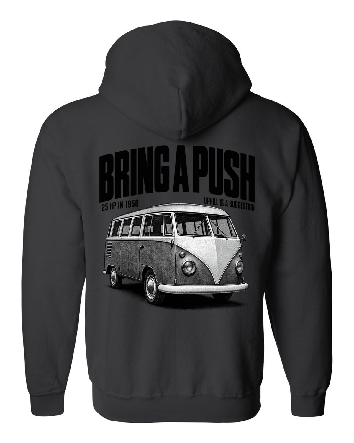 Halftone print of a VW T1 split-window microbus with bring a push text black zip hoodie back view with the design