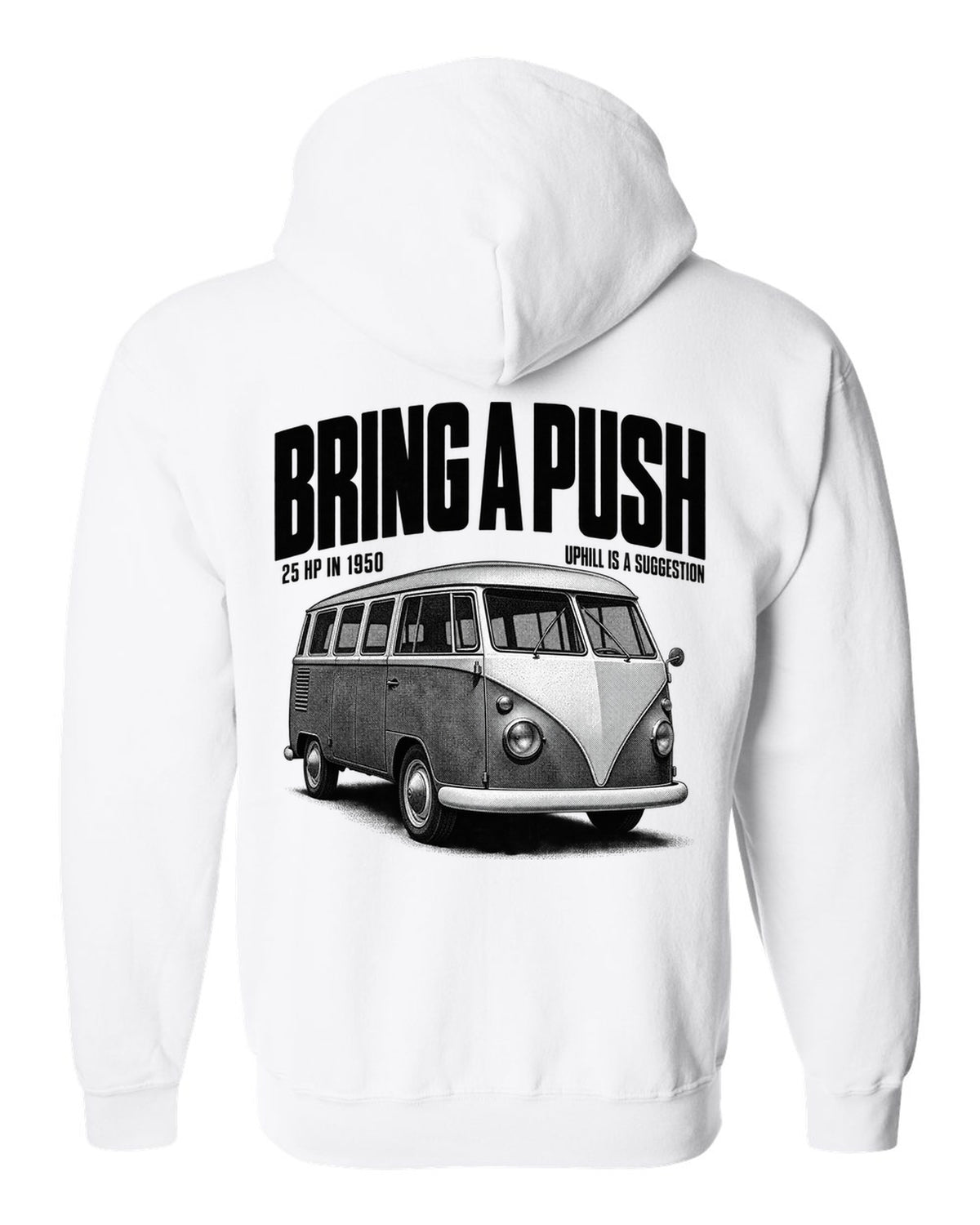 Halftone print of a VW T1 split-window microbus with bring a push text white zip hoodie back view with the design