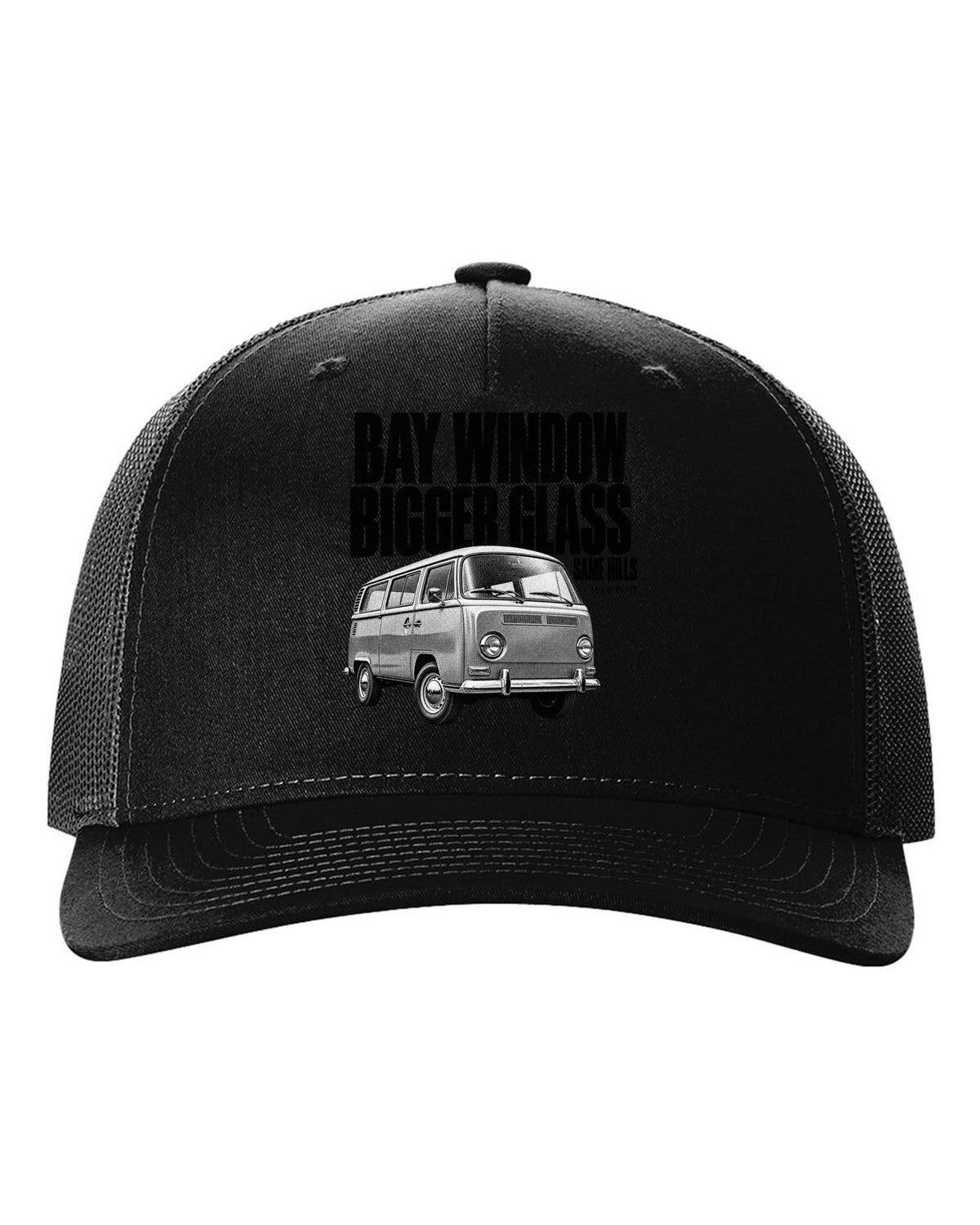 Halftone print of a VW T2 Bay Window bus front three-quarter with bigger glass same hills text black hat front view with the design