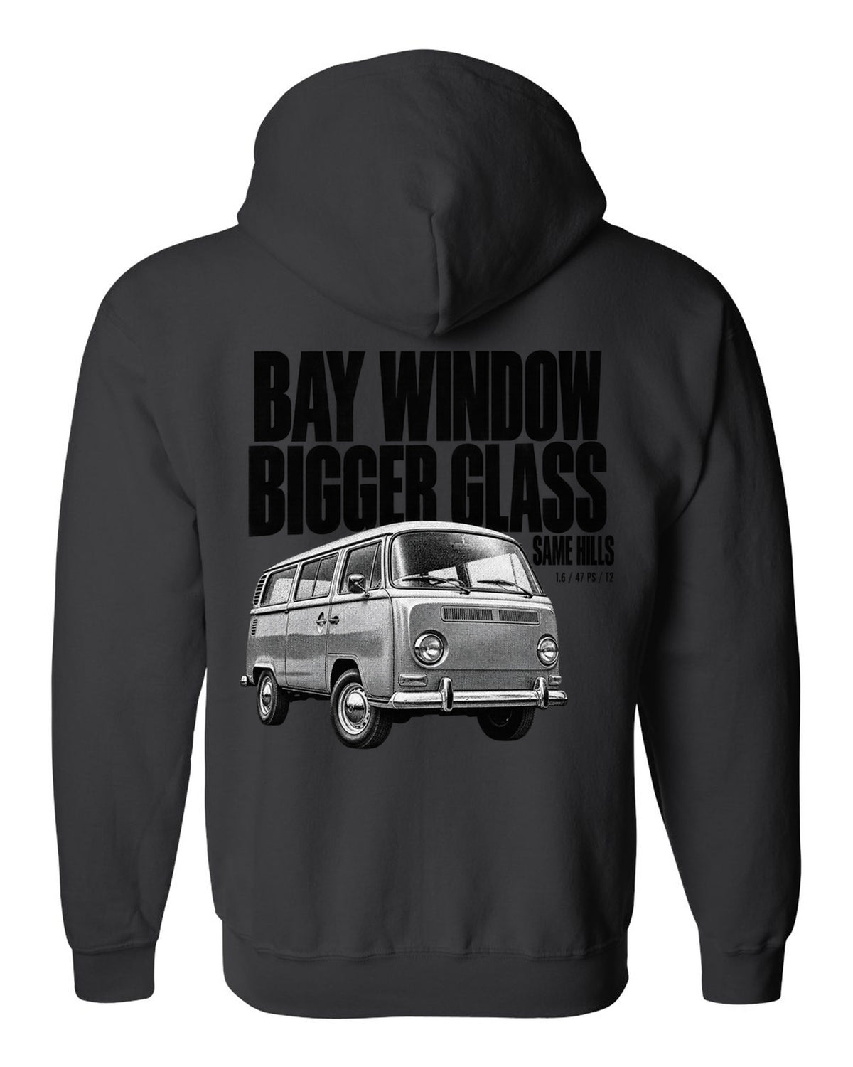 Halftone print of a VW T2 Bay Window bus front three-quarter with bigger glass same hills text black zip hoodie back view with the design