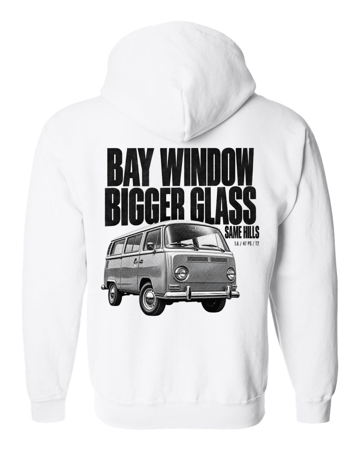 Halftone print of a VW T2 Bay Window bus front three-quarter with bigger glass same hills text white zip hoodie back view with the design