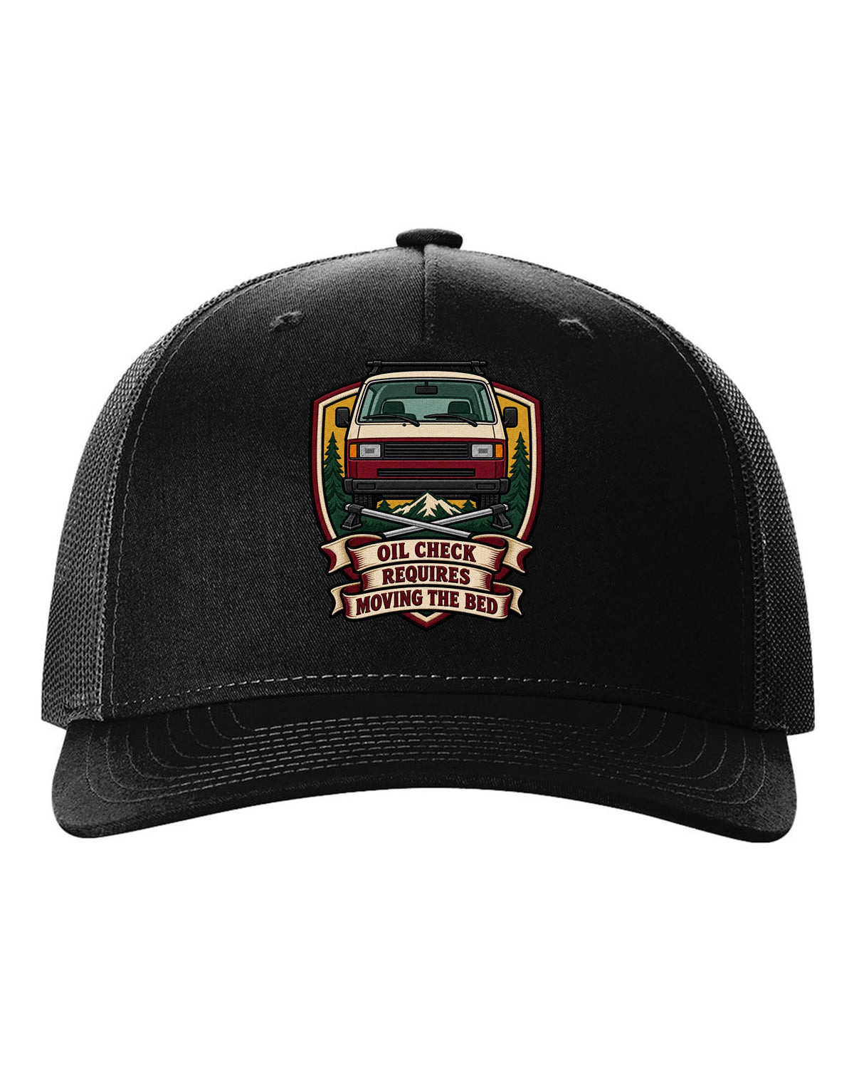 Varsity crest print for a VW T3 Vanagon with oil check requires moving the bed text black hat front view with the design