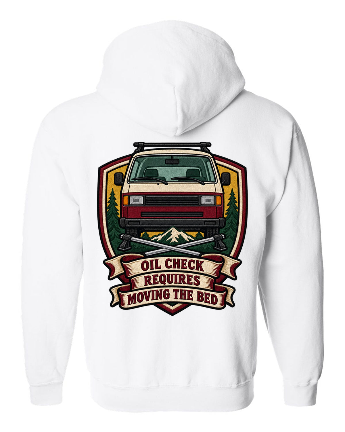 Varsity crest print for a VW T3 Vanagon with oil check requires moving the bed text white zip hoodie back view with the design