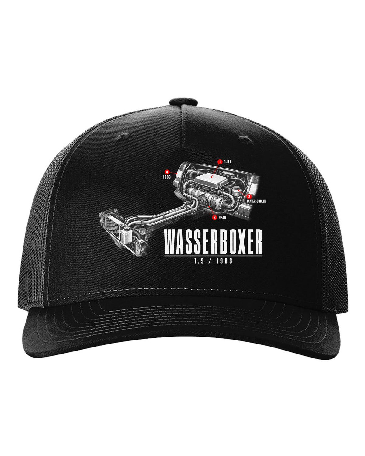 Engine hero print of the VW T3 Wasserboxer 1.9 water-cooled boxer engine with 1983 text black hat front view with the design