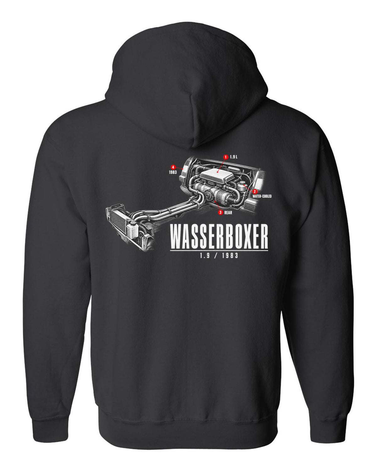 Engine hero print of the VW T3 Wasserboxer 1.9 water-cooled boxer engine with 1983 text black zip hoodie back view with the design