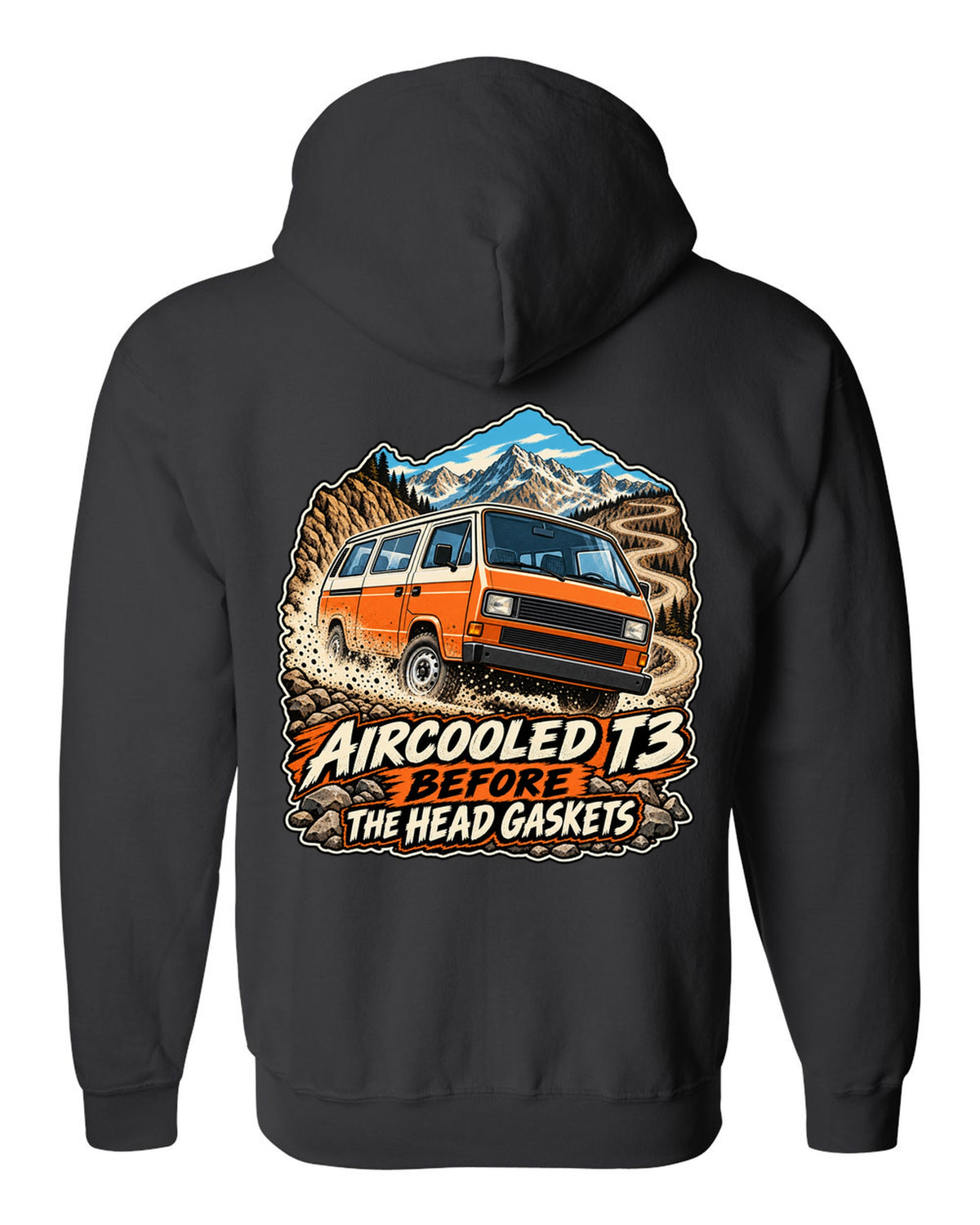 Vintage race poster style VW Vanagon T3 on a dusty pass with aircooled T3 before the head gaskets text black zip hoodie back view with the design
