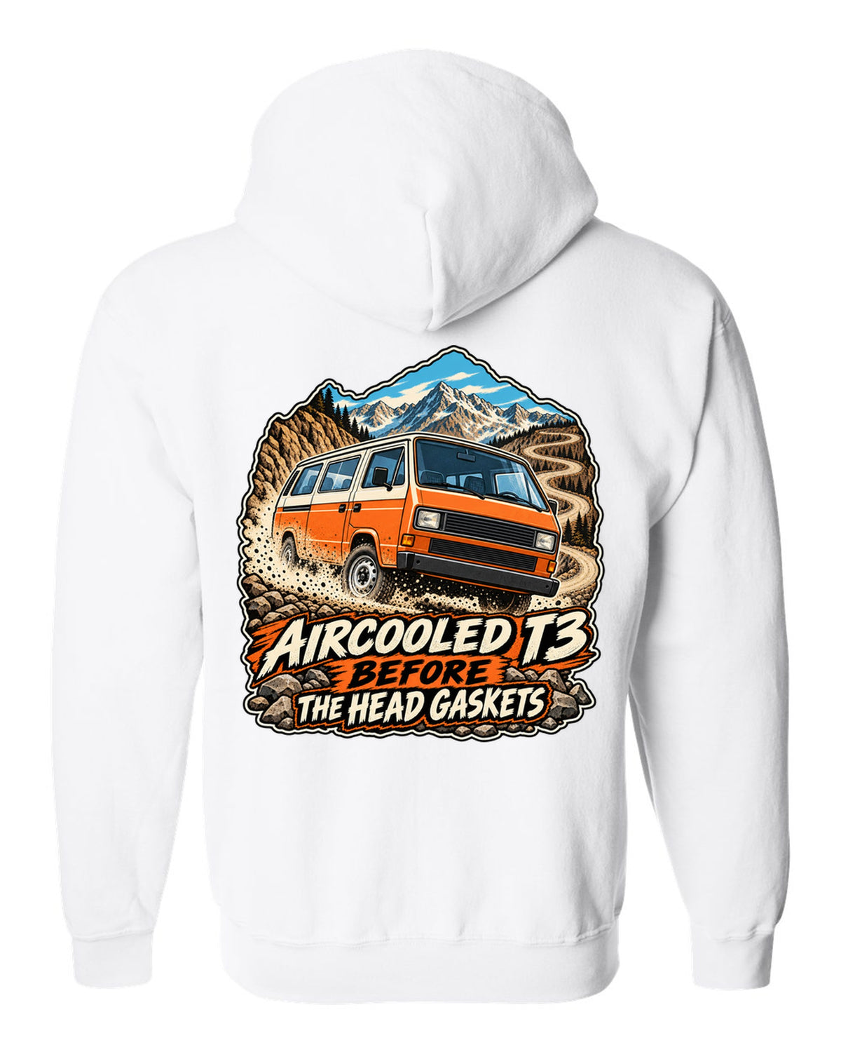 Vintage race poster style VW Vanagon T3 on a dusty pass with aircooled T3 before the head gaskets text white zip hoodie back view with the design