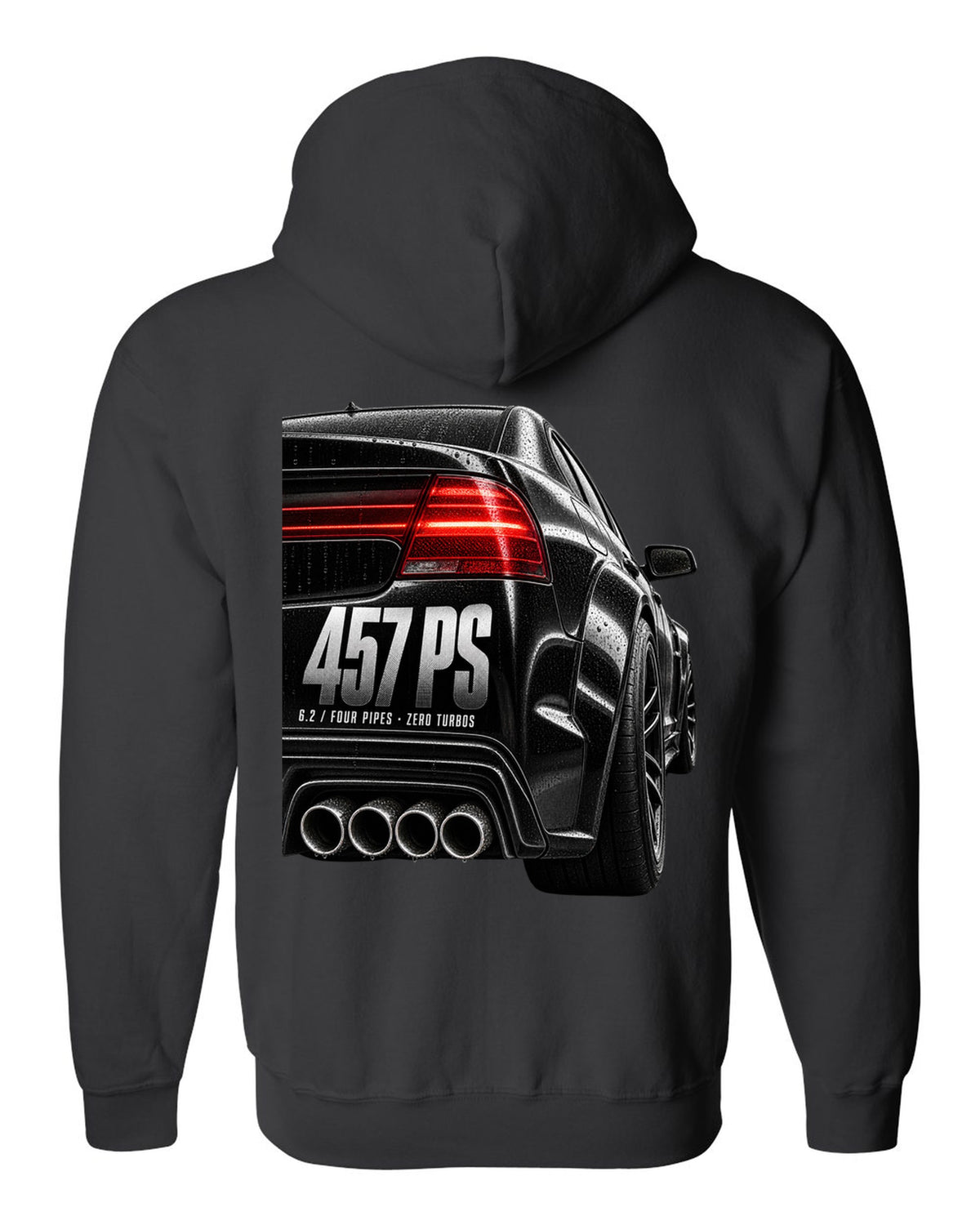 print taillight close-up of a Mercedes W204 C63 sedan with text 457 PS, 6.2, four pipes, zero turbos black zip hoodie back view with the design
