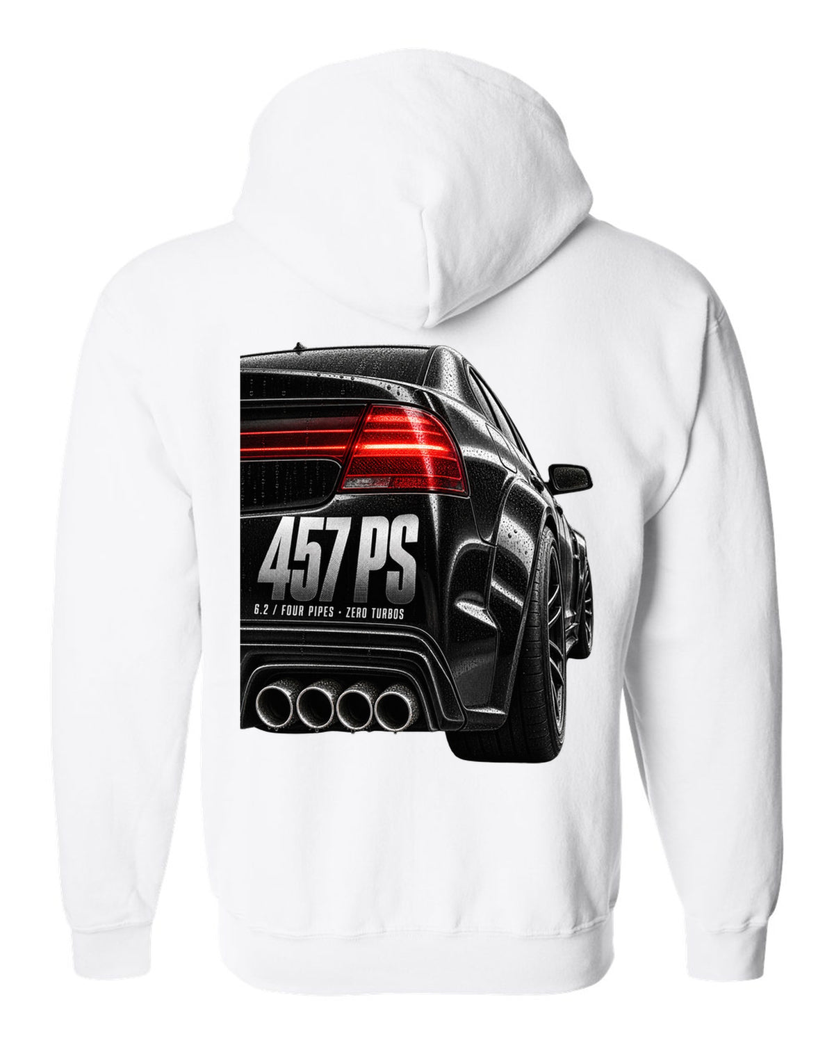 print taillight close-up of a Mercedes W204 C63 sedan with text 457 PS, 6.2, four pipes, zero turbos white zip hoodie back view with the design
