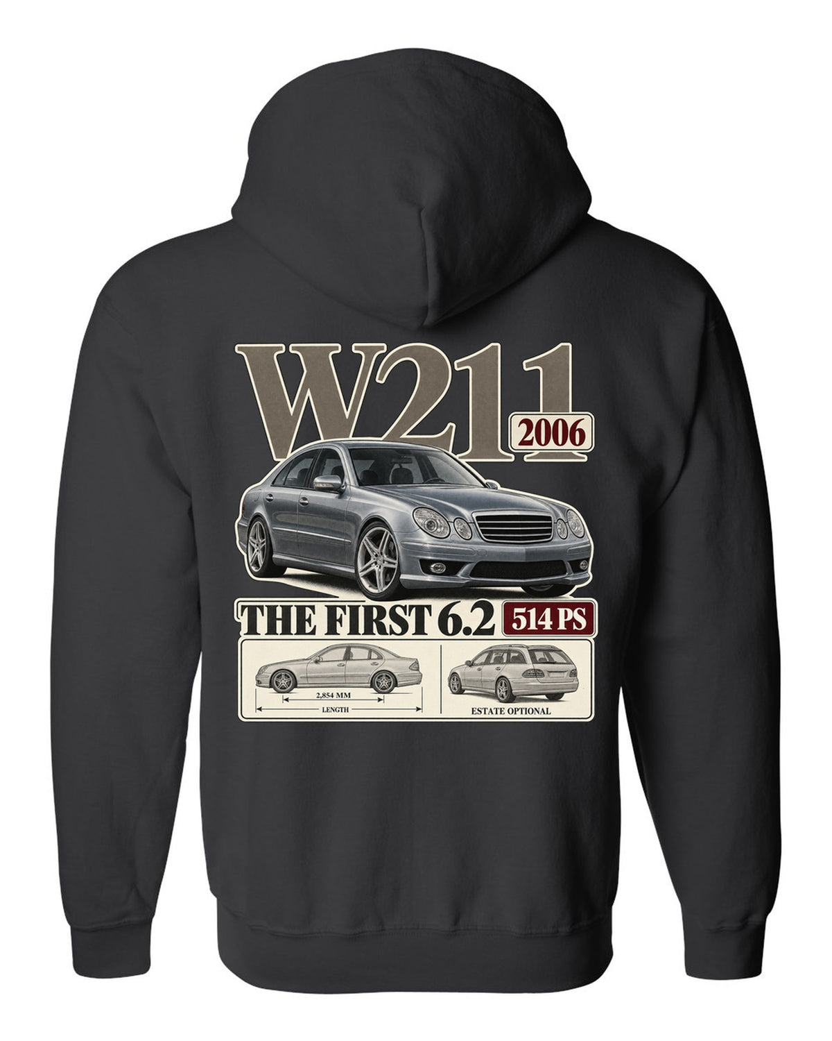 Archive panel print of a silver Mercedes-AMG E63 W211 sedan black zip hoodie back view with the design