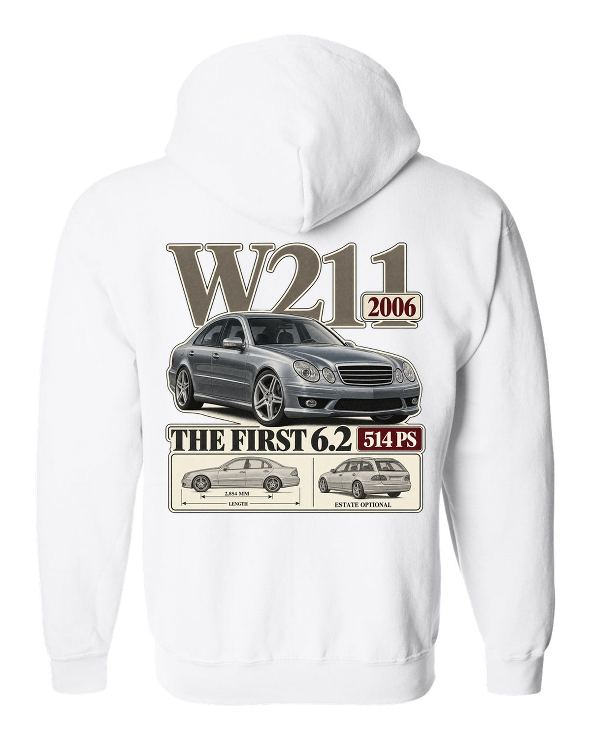 Archive panel print of a silver Mercedes-AMG E63 W211 sedan white zip hoodie back view with the design
