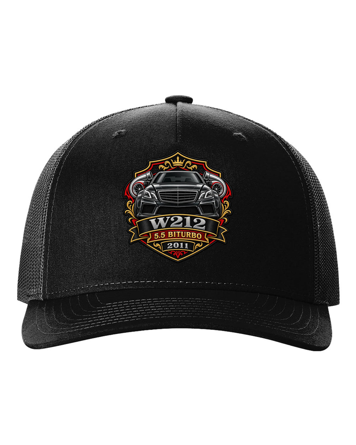 Varsity crest graphic reading W212 5.5 Biturbo 2011 for the Mercedes E63 W212, print black hat front view with the design