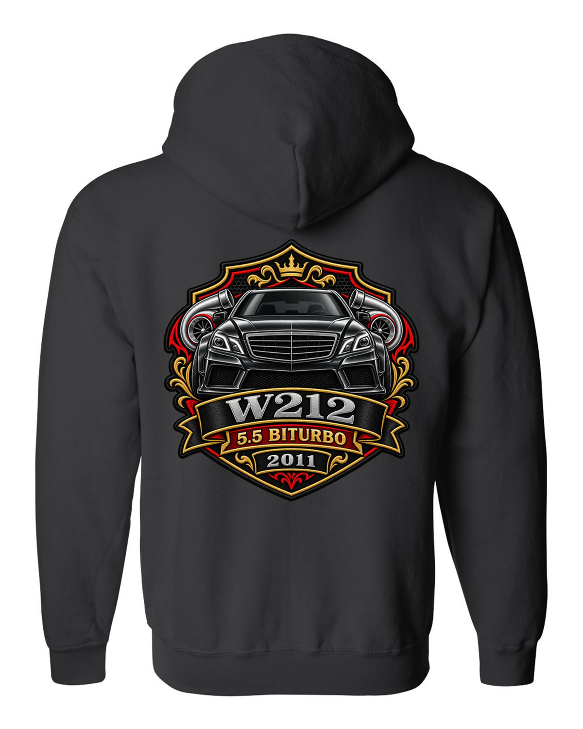 Varsity crest graphic reading W212 5.5 Biturbo 2011 for the Mercedes E63 W212, print black zip hoodie back view with the design