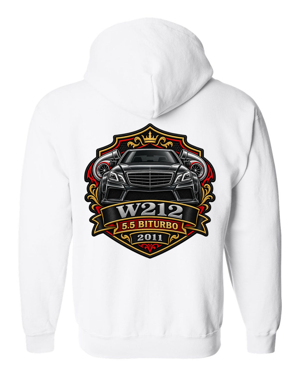 Varsity crest graphic reading W212 5.5 Biturbo 2011 for the Mercedes E63 W212, print white zip hoodie back view with the design