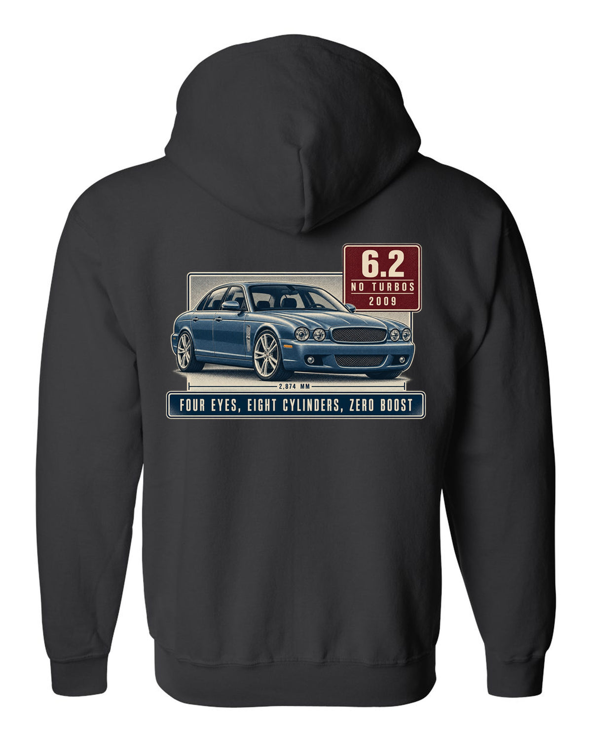 Editorial headline print of a silver-blue Mercedes-AMG E63 W212 pre-facelift black zip hoodie back view with the design