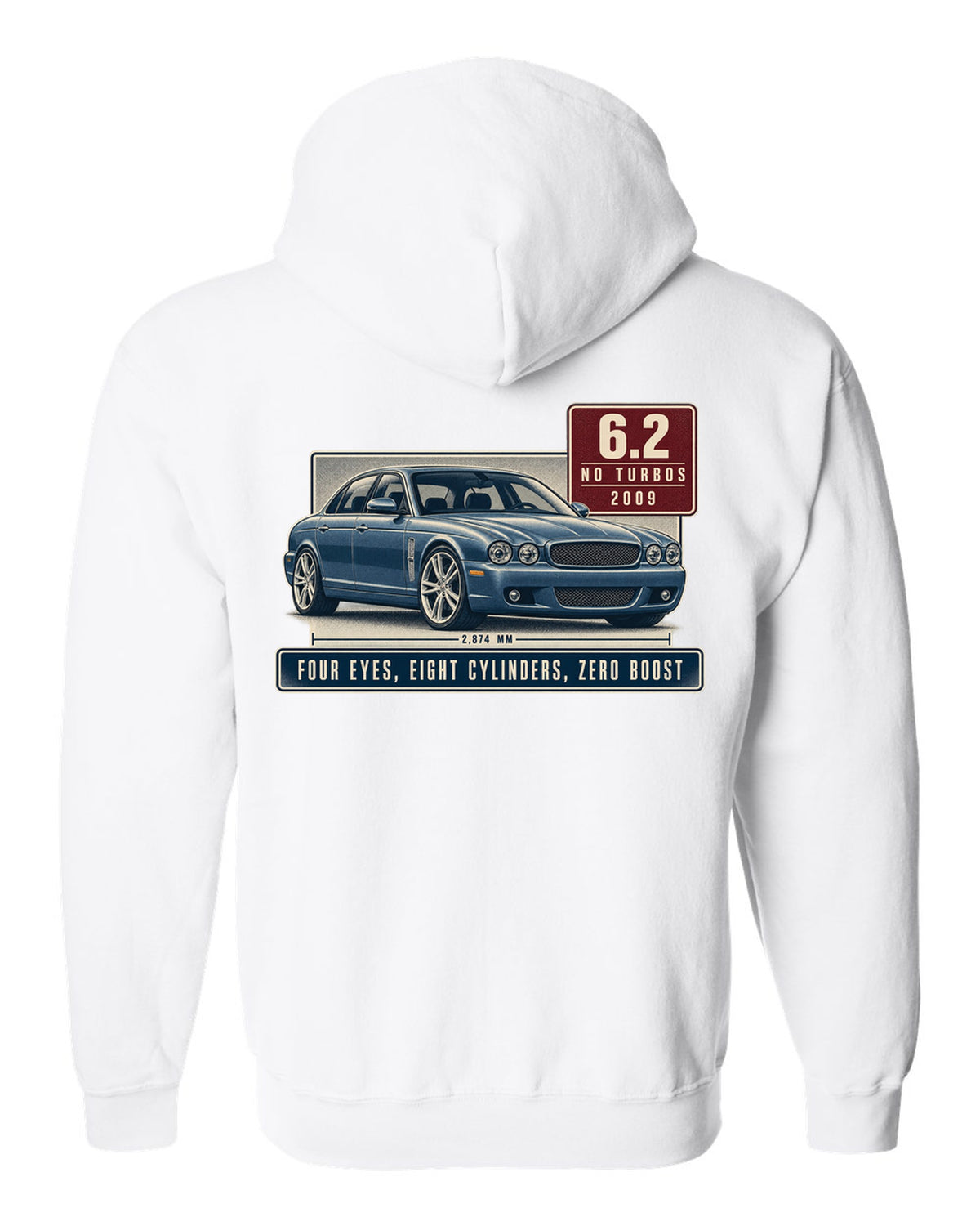 Editorial headline print of a silver-blue Mercedes-AMG E63 W212 pre-facelift white zip hoodie back view with the design