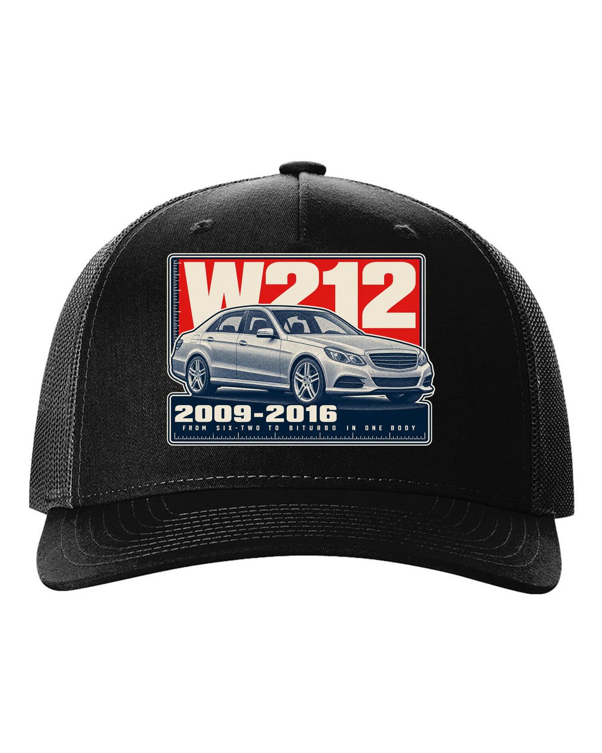 Halftone print of a Mercedes-AMG E63 W212 sedan black hat front view with the design