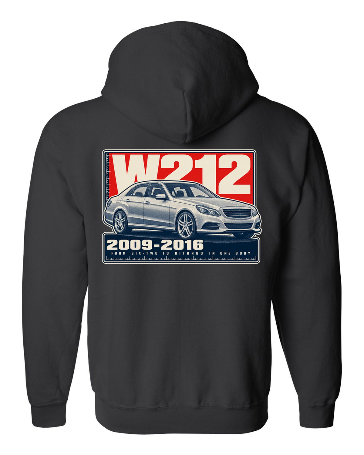 Halftone print of a Mercedes-AMG E63 W212 sedan black zip hoodie back view with the design