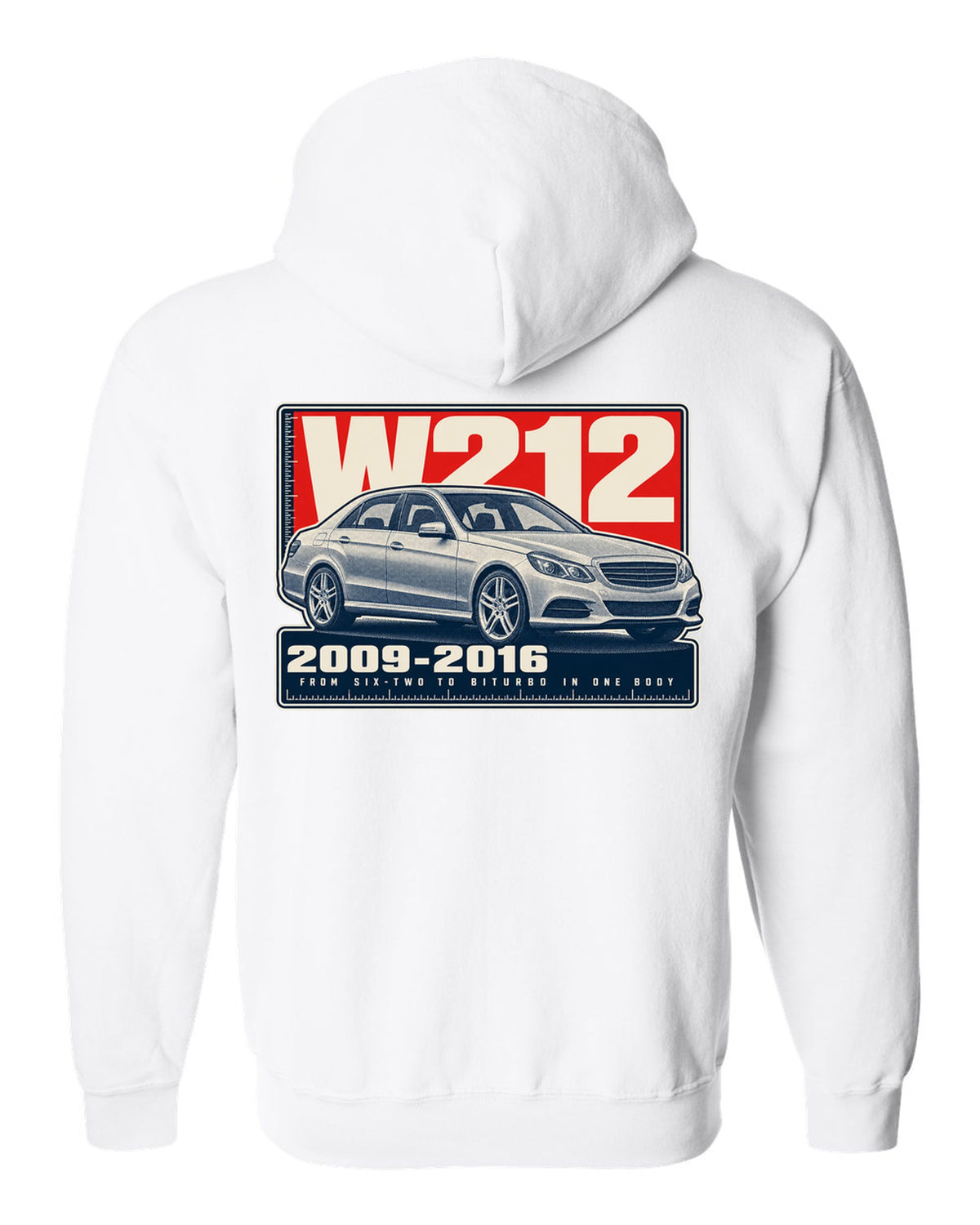Halftone print of a Mercedes-AMG E63 W212 sedan white zip hoodie back view with the design