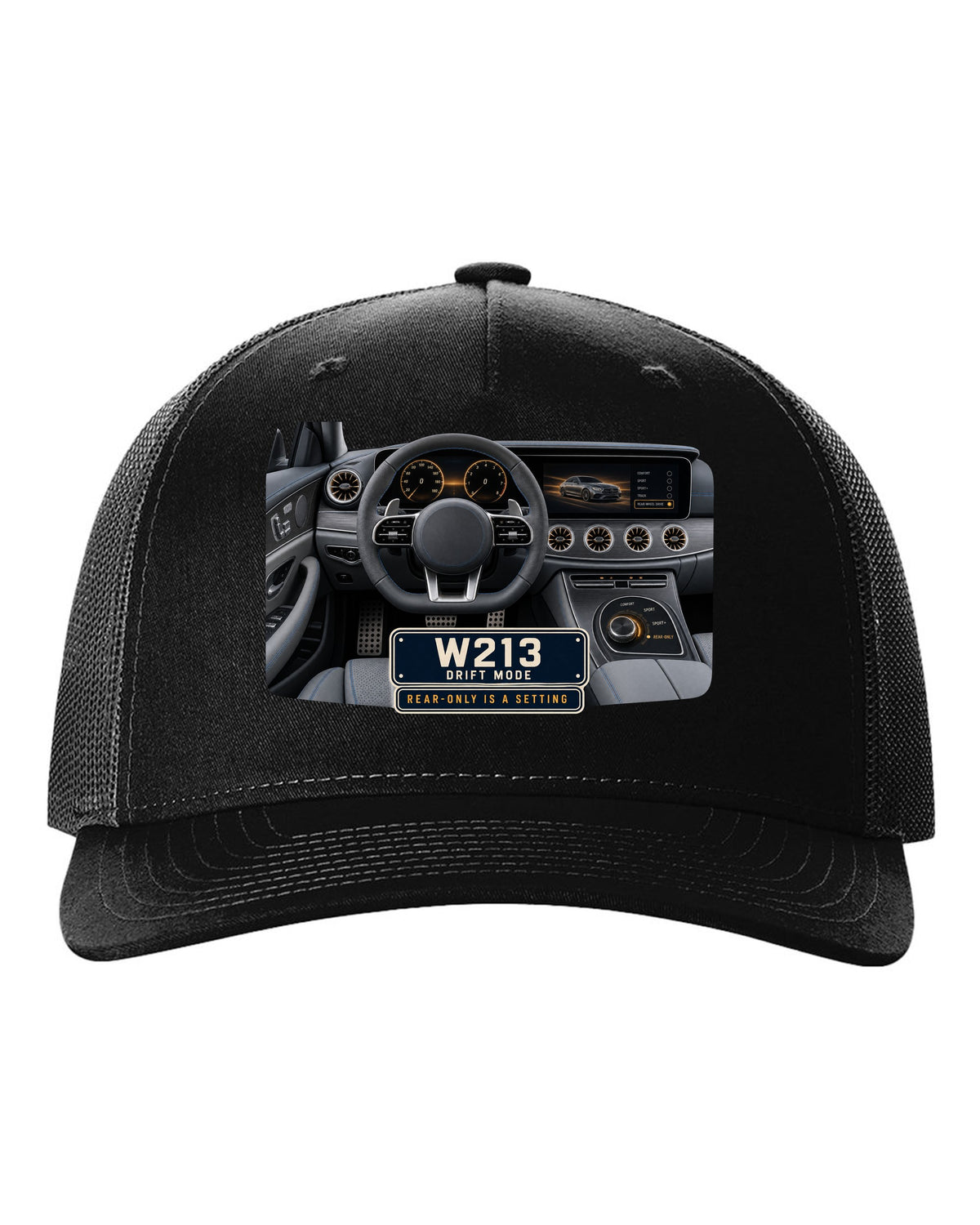 Cockpit and gauge print of a Mercedes-AMG E63 S W213 interior with drift mode black hat front view with the design