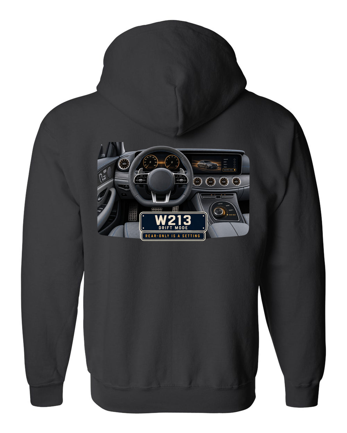 Cockpit and gauge print of a Mercedes-AMG E63 S W213 interior with drift mode black zip hoodie back view with the design