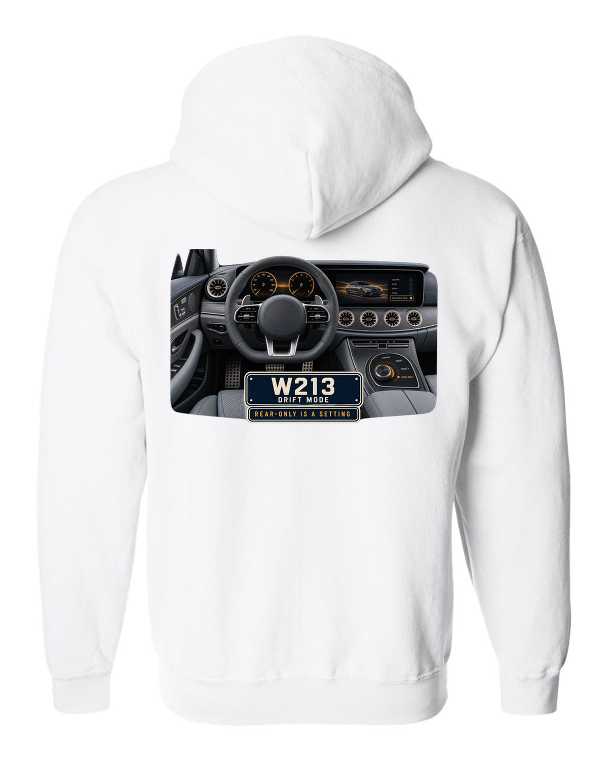 Cockpit and gauge print of a Mercedes-AMG E63 S W213 interior with drift mode white zip hoodie back view with the design