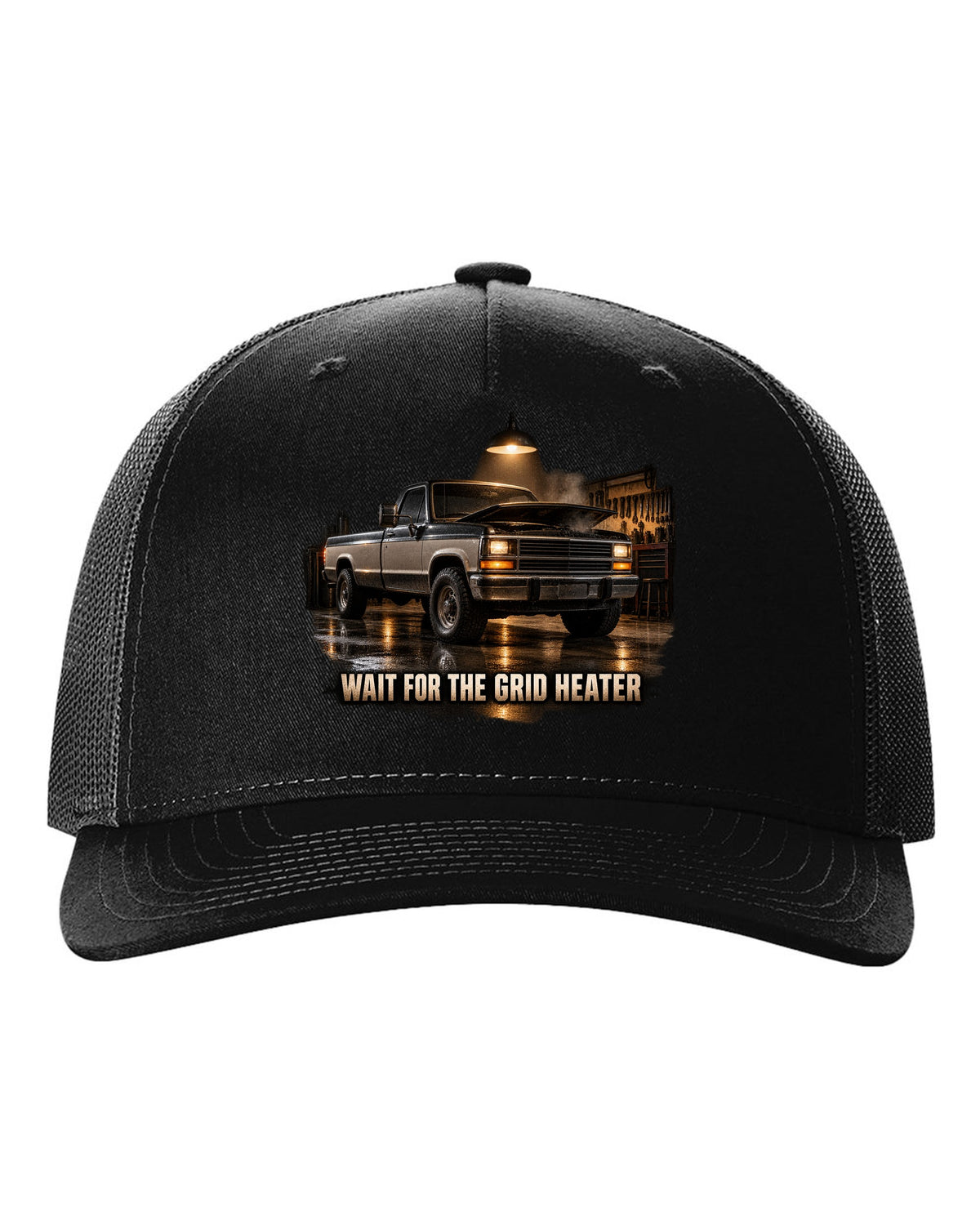 Dodge D250 first generation in a night garage with the text Wait For The Grid Heater black hat front view with the design