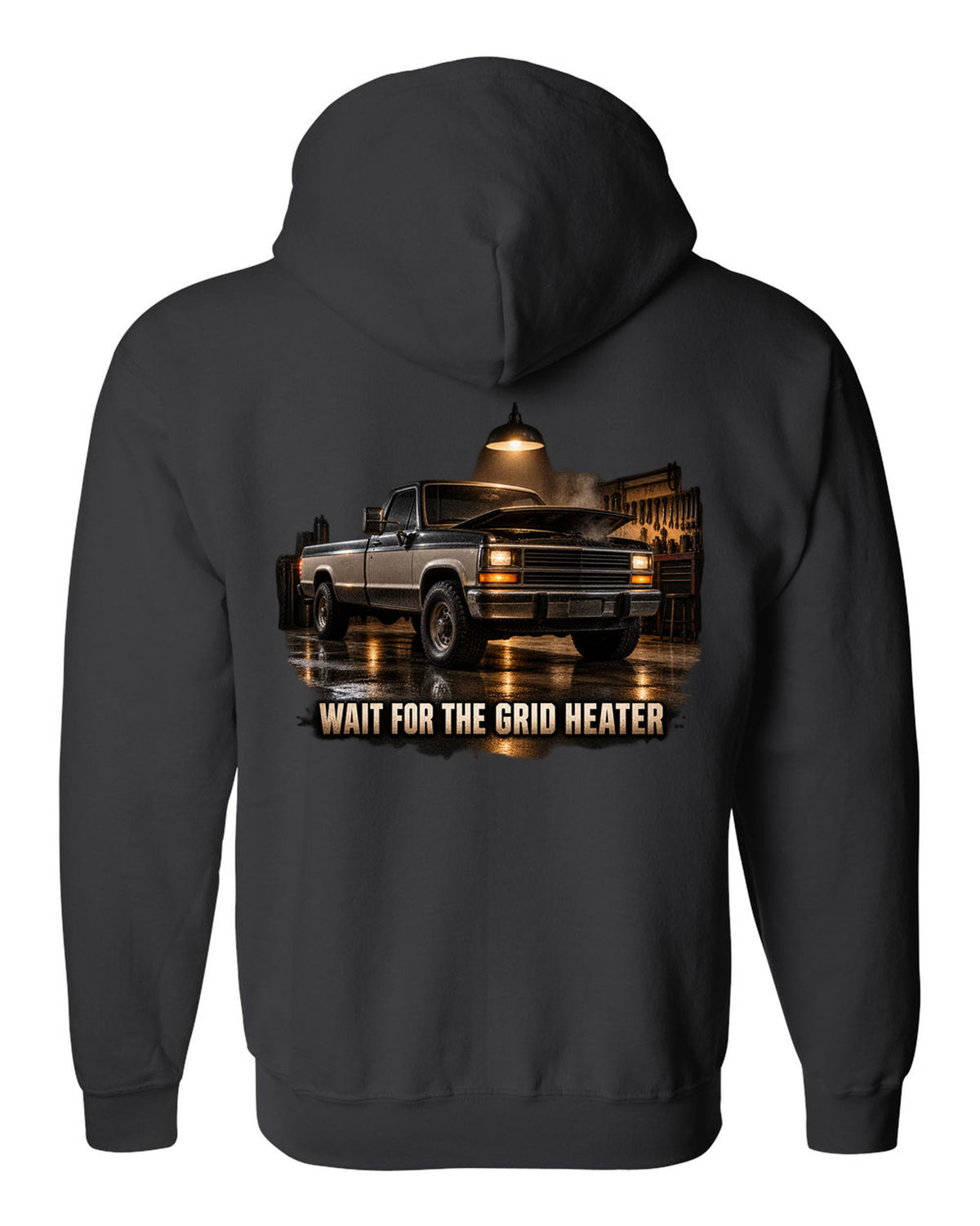 Dodge D250 first generation in a night garage with the text Wait For The Grid Heater black zip hoodie back view with the design