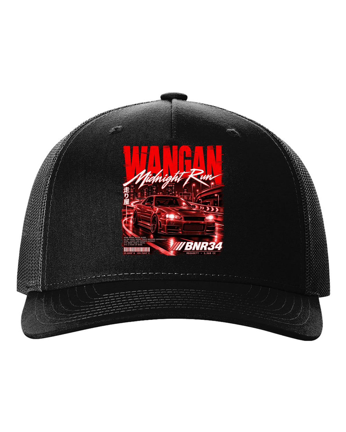 Street poster print of a Nissan Skyline GT-R R34 BNR34 with Wangan Midnight Run text black hat front view with the design