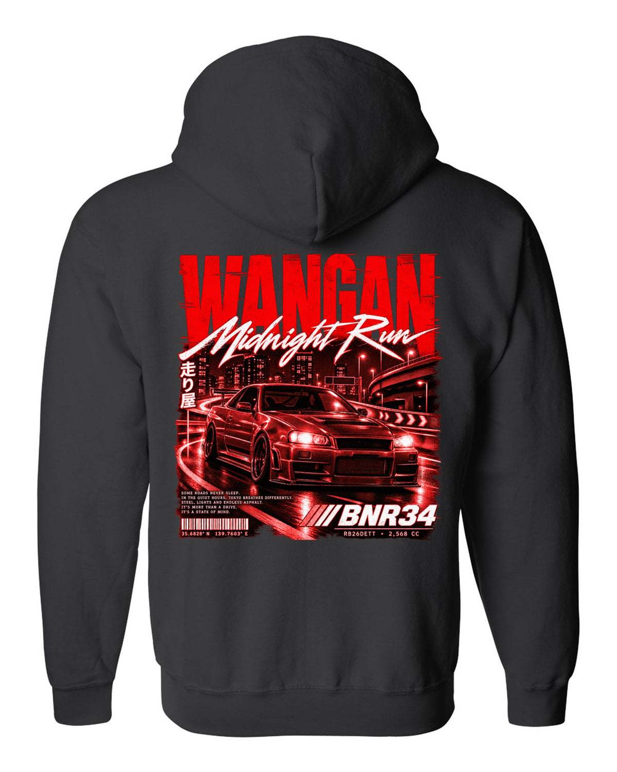 Street poster print of a Nissan Skyline GT-R R34 BNR34 with Wangan Midnight Run text black zip hoodie back view with the design