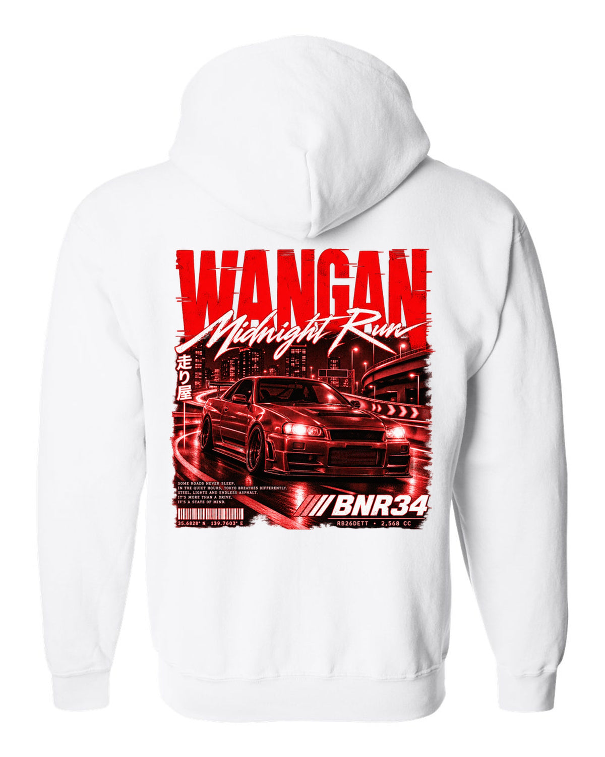 Street poster print of a Nissan Skyline GT-R R34 BNR34 with Wangan Midnight Run text white zip hoodie back view with the design