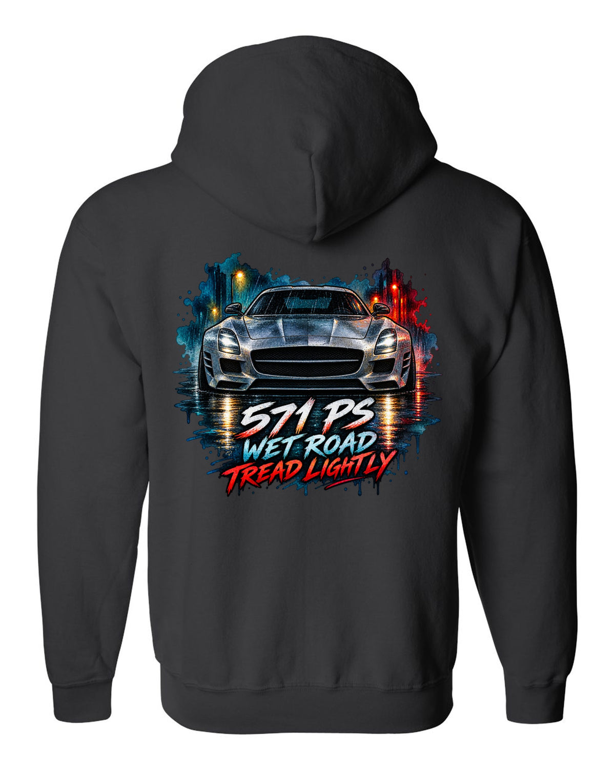 Watercolour illustration of a Mercedes SLS AMG C197 on a wet night road with 571 PS text black zip hoodie back view with the design