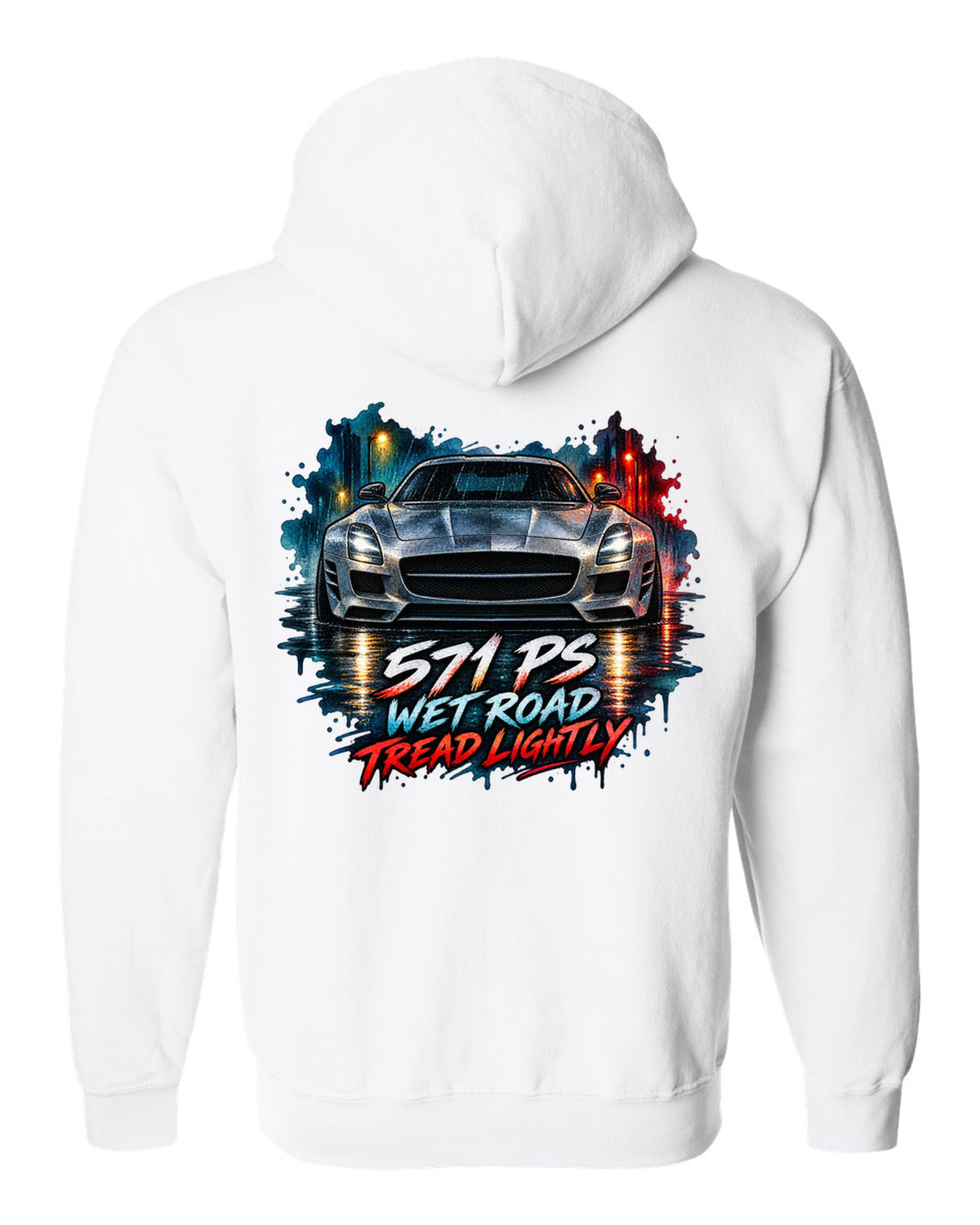 Watercolour illustration of a Mercedes SLS AMG C197 on a wet night road with 571 PS text white zip hoodie back view with the design