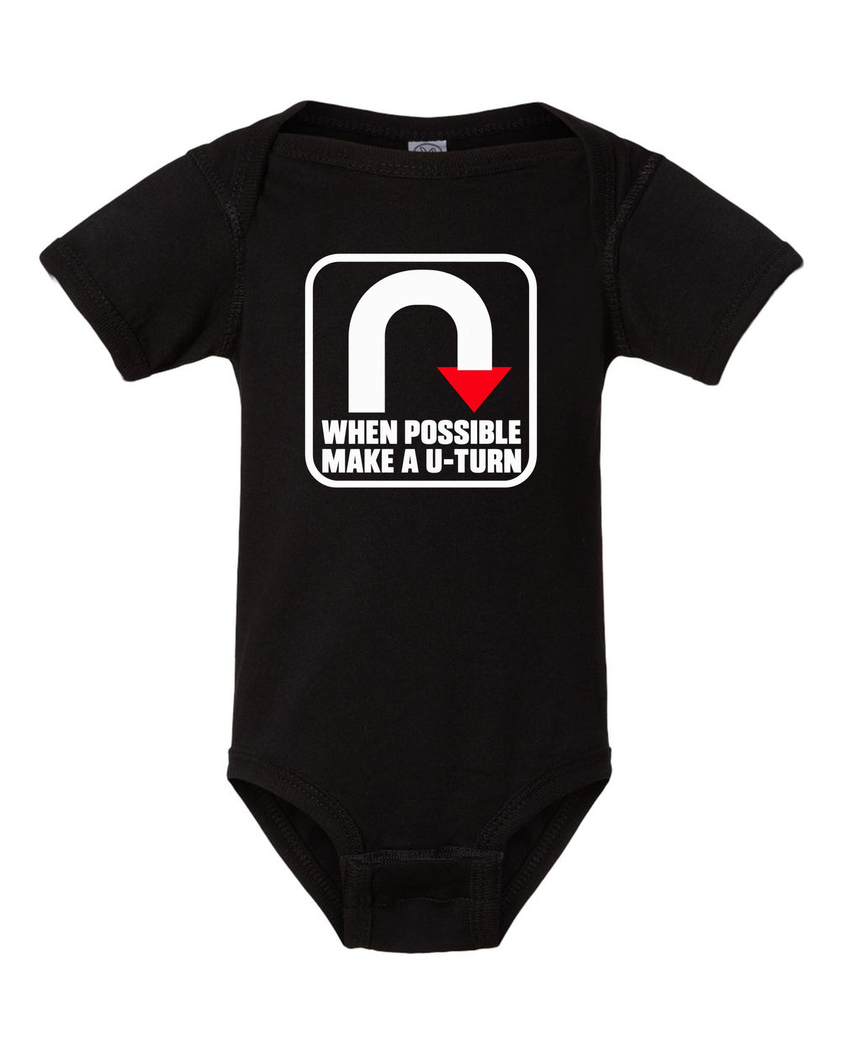 When Possible Make a U-Turn Funny Car Guy Shirt for Drivers black baby onesie front view with the design