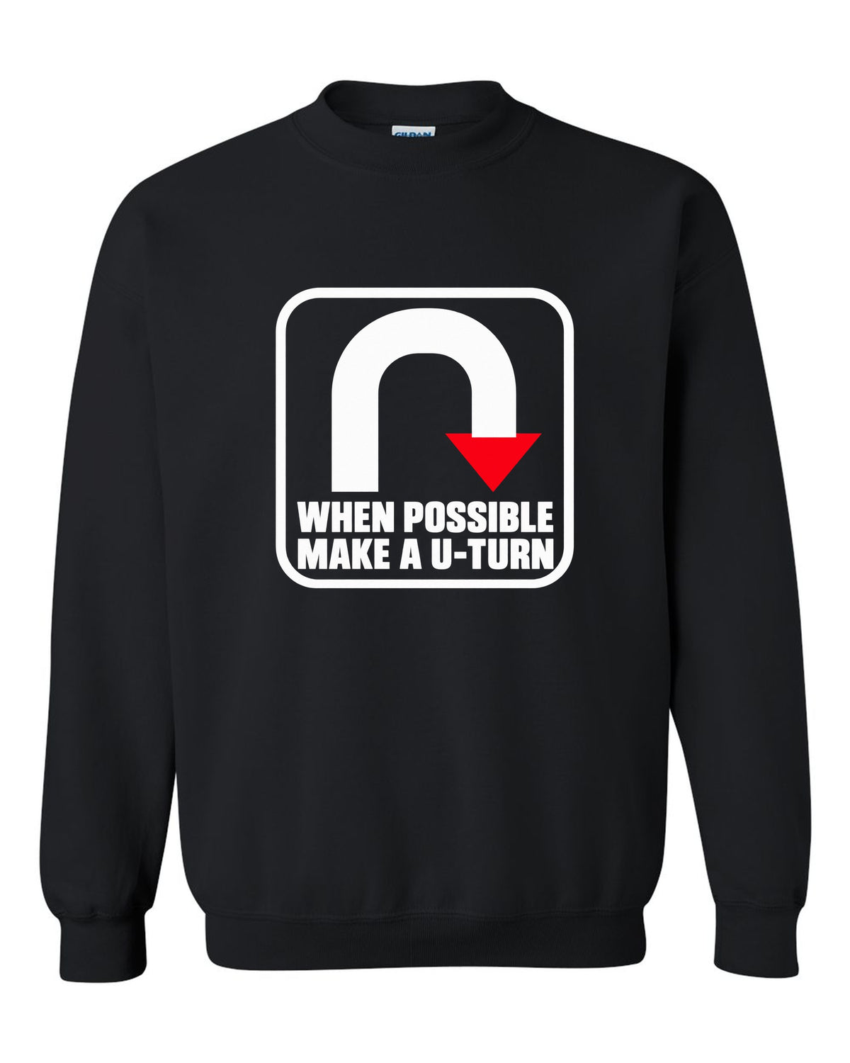 Bold U-turn arrow inside a rounded square black crewneck front view with the design