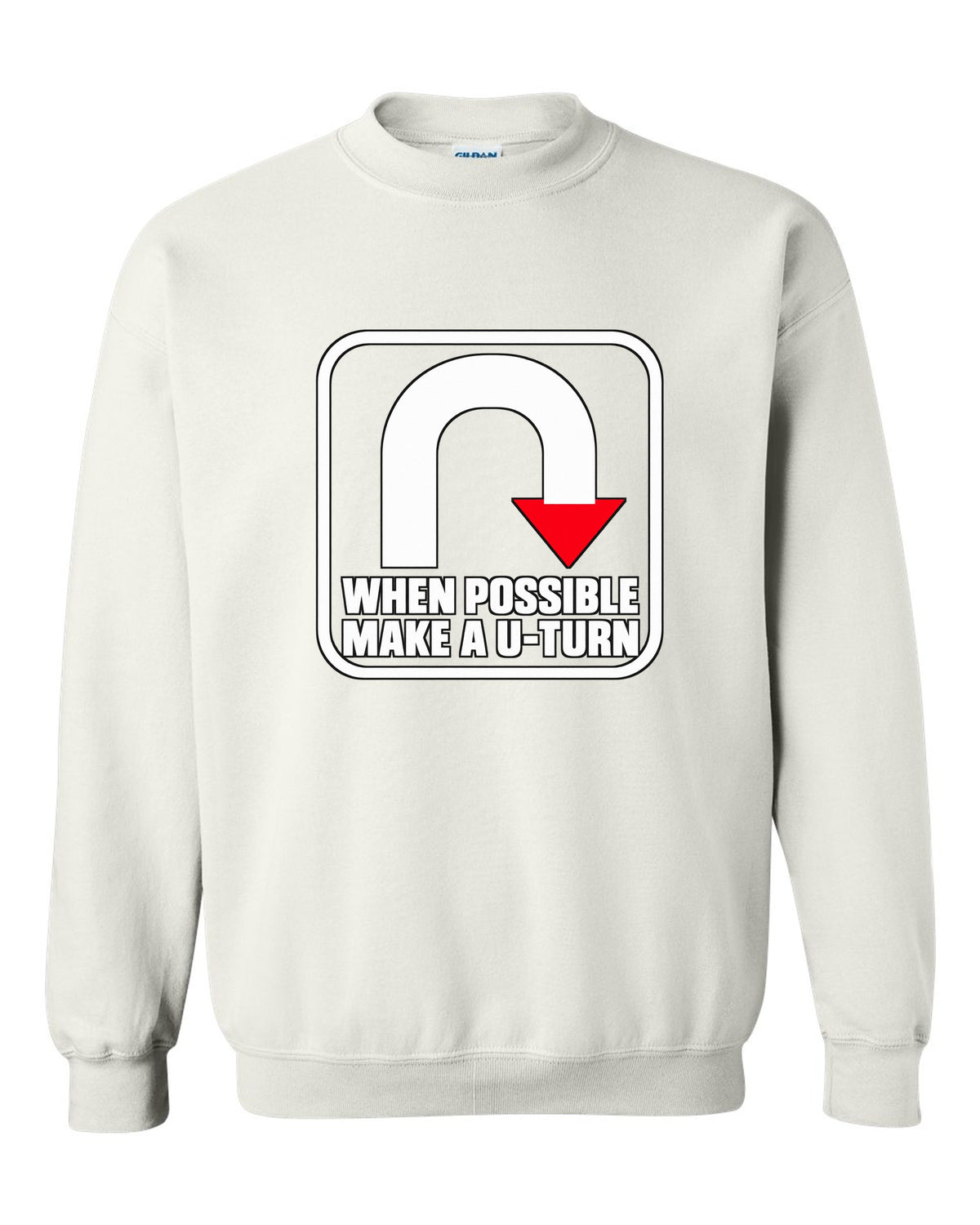 Bold U-turn arrow inside a rounded square white crewneck front view with the design