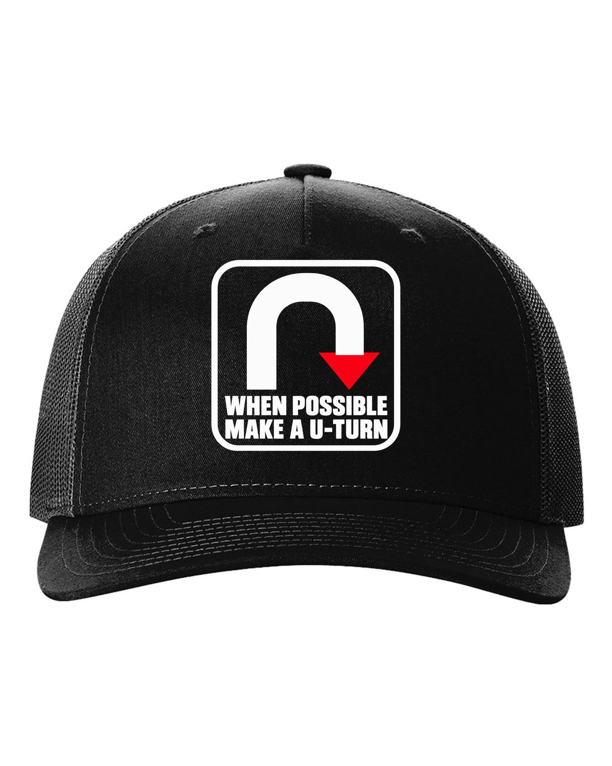 Bold U-turn arrow inside a rounded square black hat front view with the design